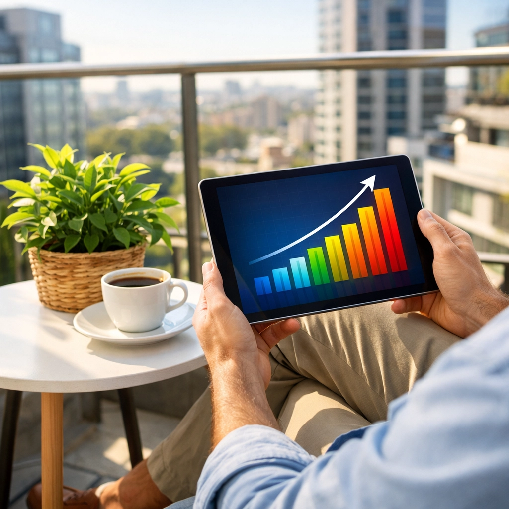 Person tracking investment growth and emergency fund progress on a tablet while relaxing.
