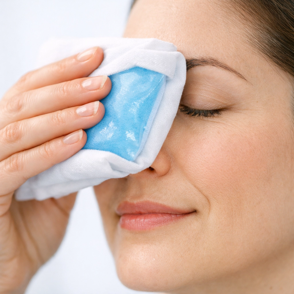 Person applying cold compress to closed eye for pink eye or allergy symptom relief treatment