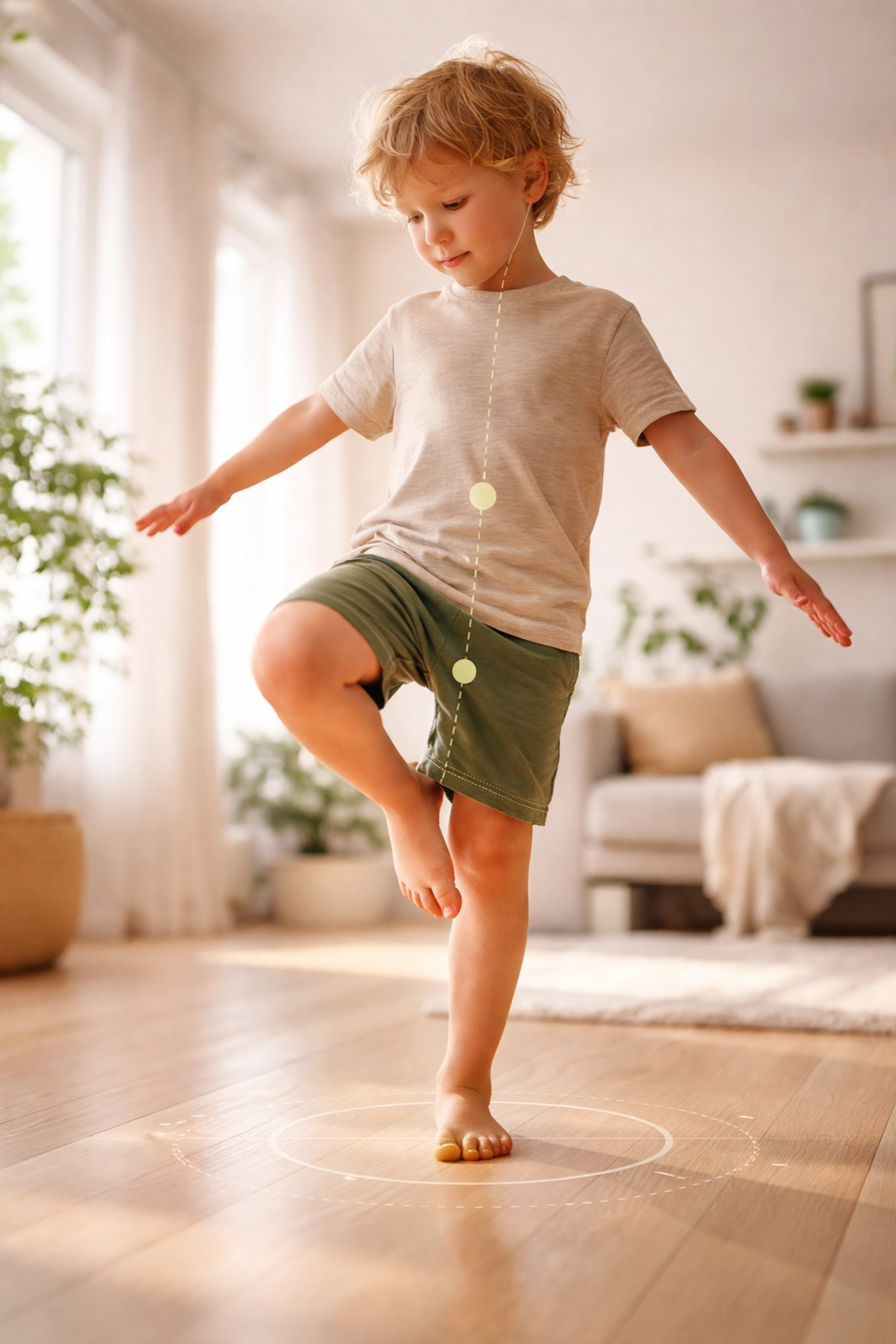 Young child balancing on one foot in a sunlit living room, demonstrating movement's role in neurodevelopment.