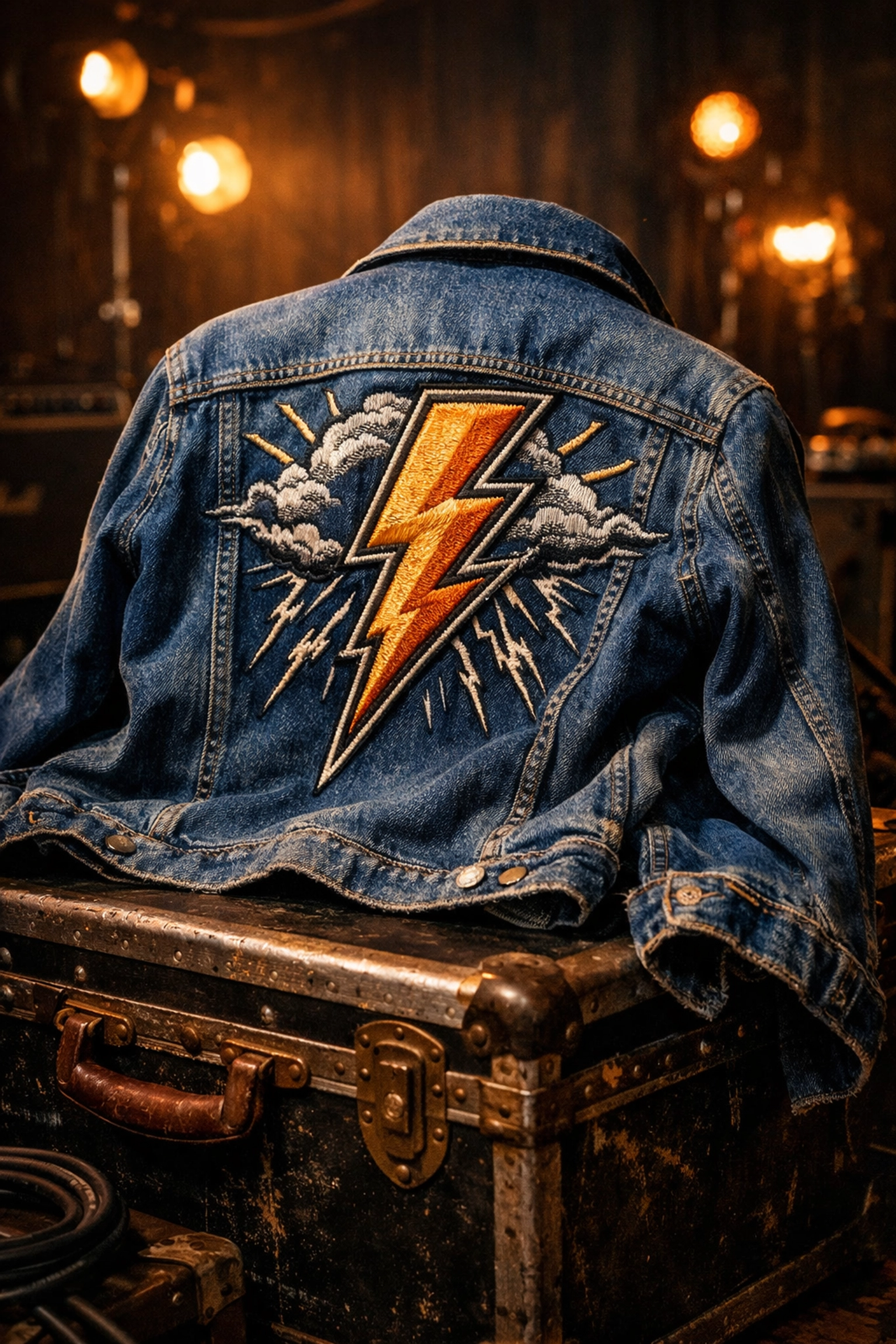 Premium AC/DC Overdrive Collection denim jacket with a lightning bolt patch on a vintage flight case.