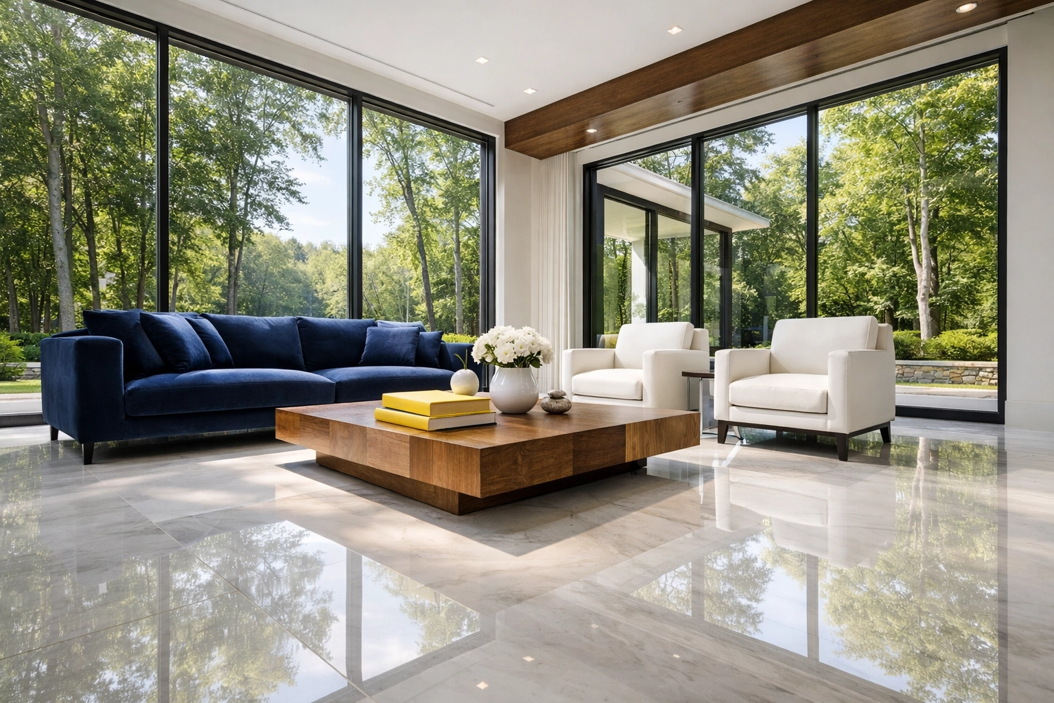 Immaculate Dover living room with marble floors reflecting professional residential cleaning Massachusetts.