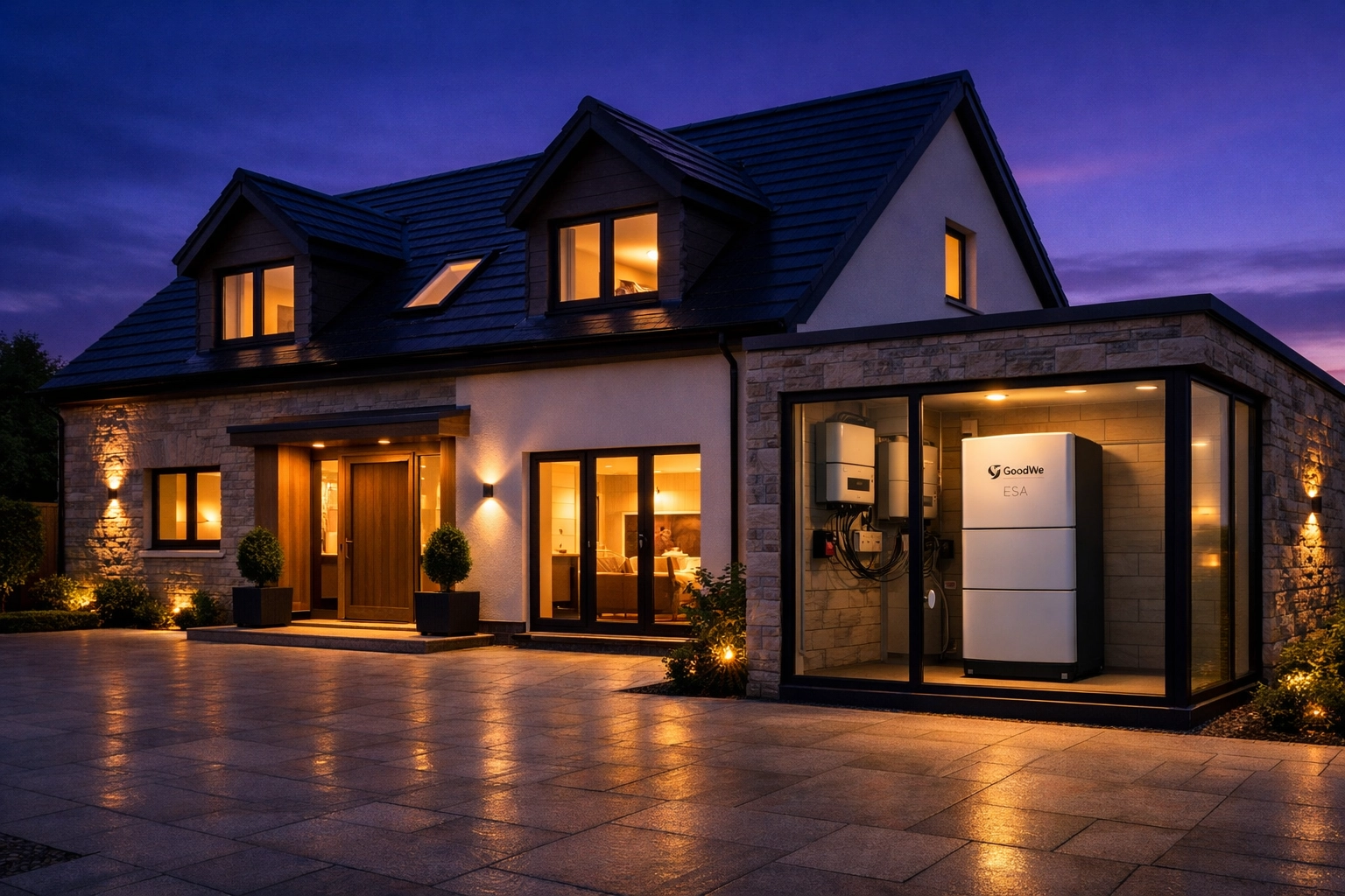 A glowing UK home at night achieving energy independence with a GoodWe ESA battery system.