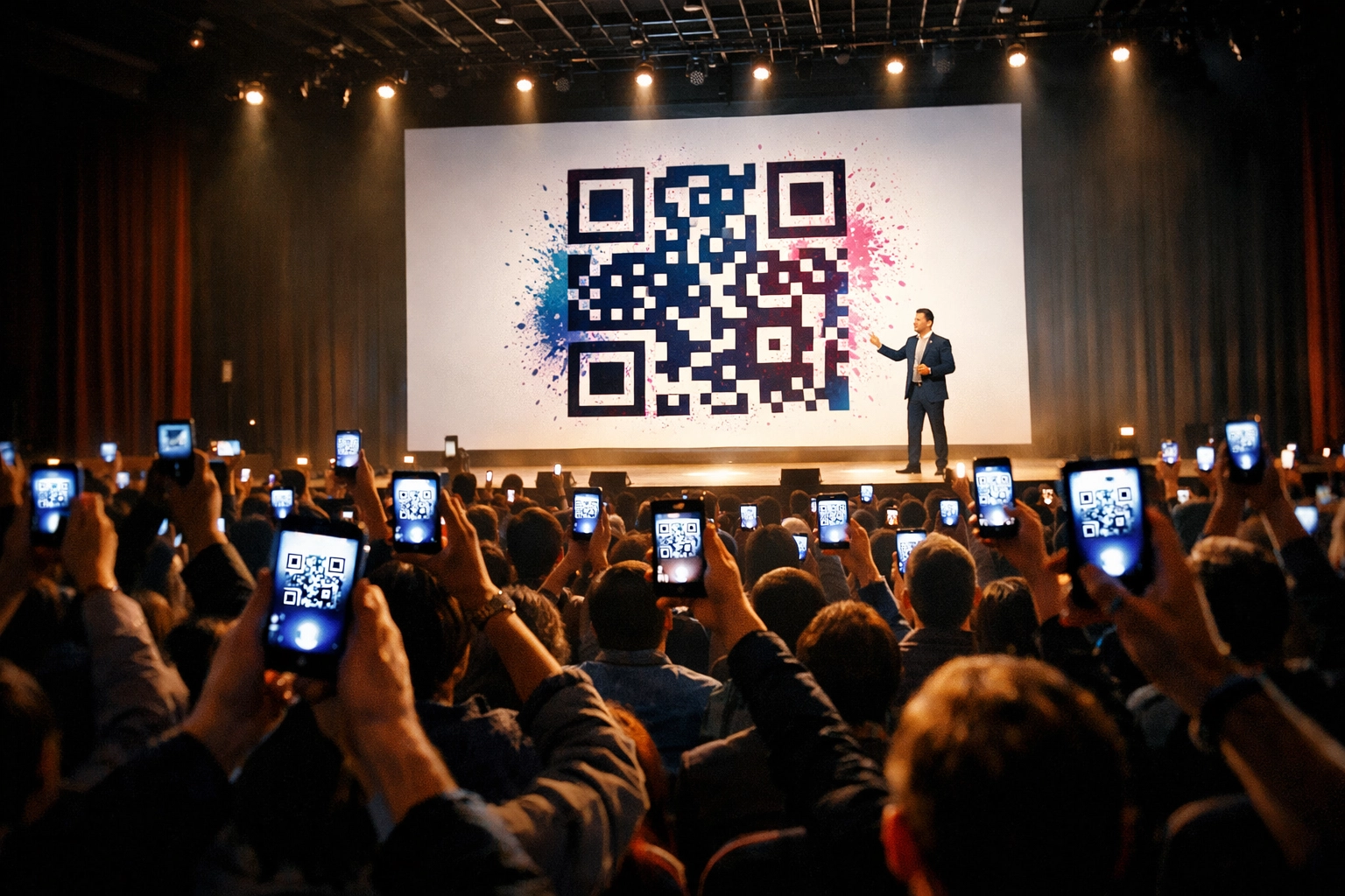 Speaker on stage with a large QR code as audience members capture it to provide instant feedback.