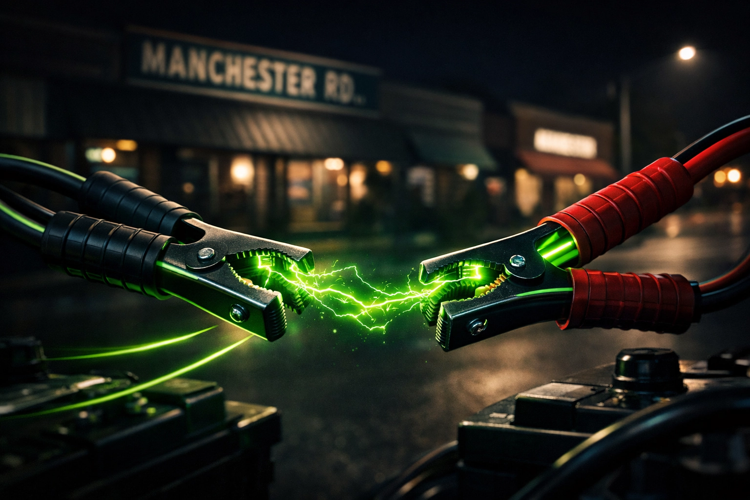 Emergency battery jump-start service with neon green cables in Ballwin, Missouri.