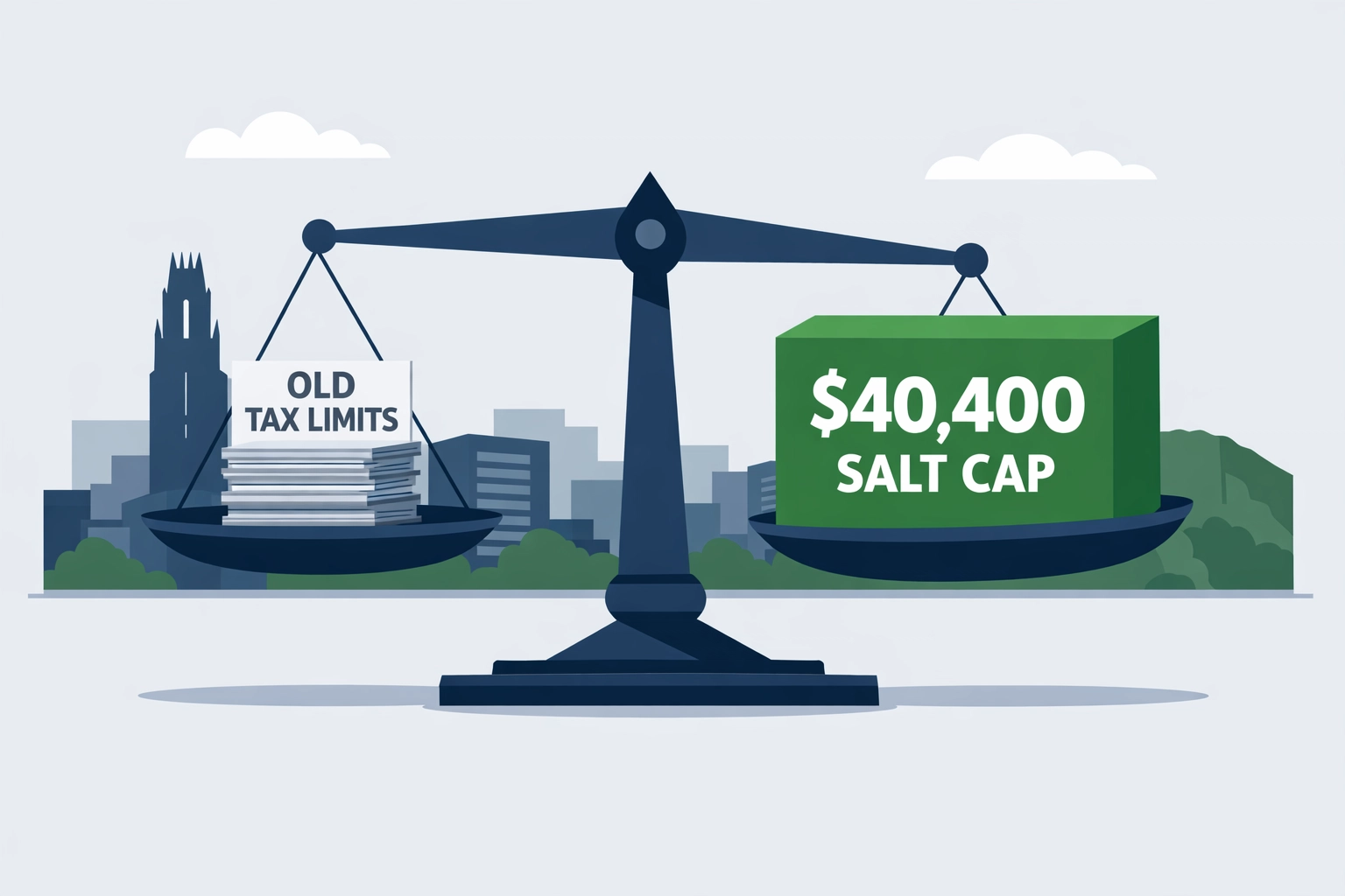 Illustration of a scale weighing the increased $40,400 SALT deduction cap for 2026 tax planning in New Haven.