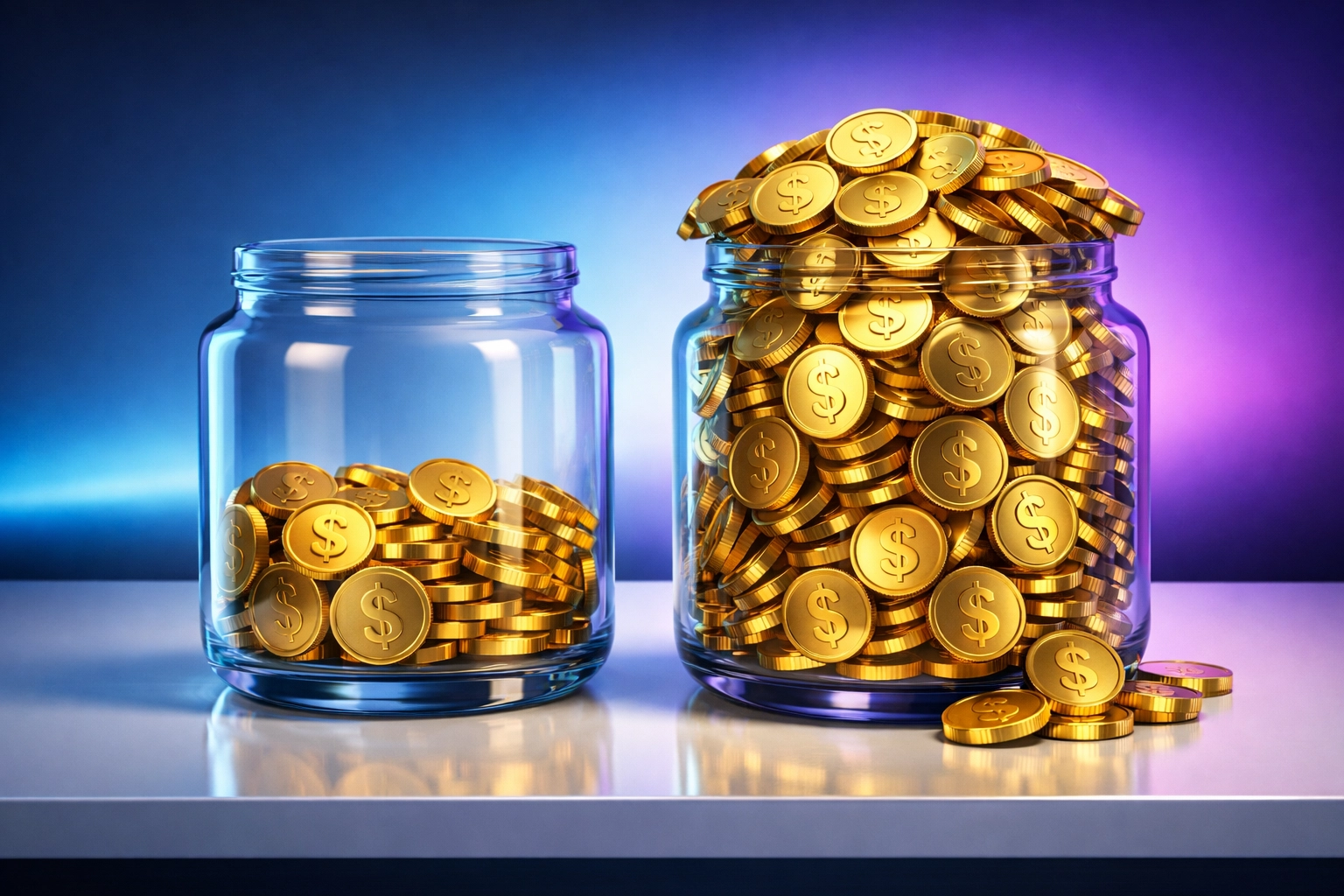 Larecoin transaction fee comparison showing 50% savings over NOWPayments with overflowing coin containers