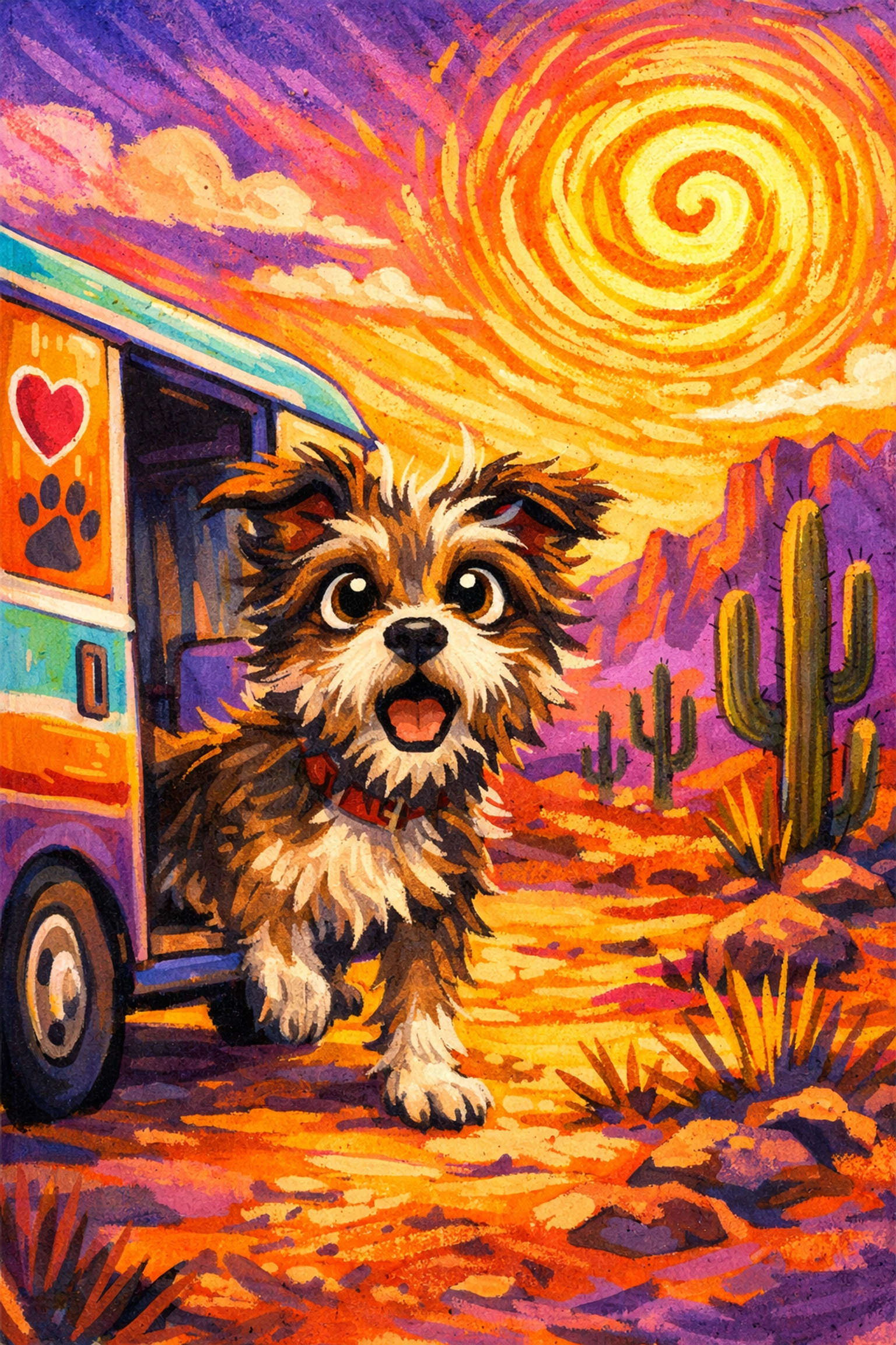 Scruffy rescue dog stepping out of an adoption van into a sunny Arizona desert landscape.