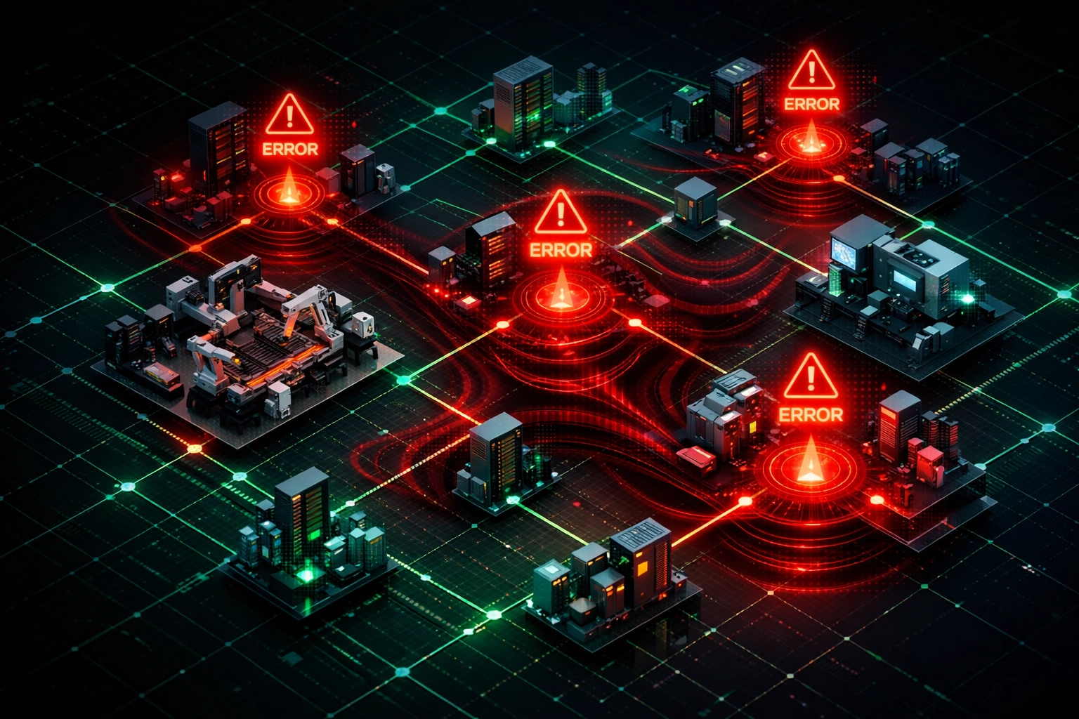 Manufacturing network infrastructure diagram showing IT system failures causing production downtime
