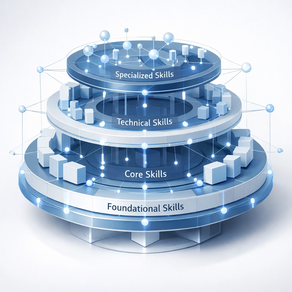 Multi-layered skills taxonomy framework showing interconnected competencies and learning paths