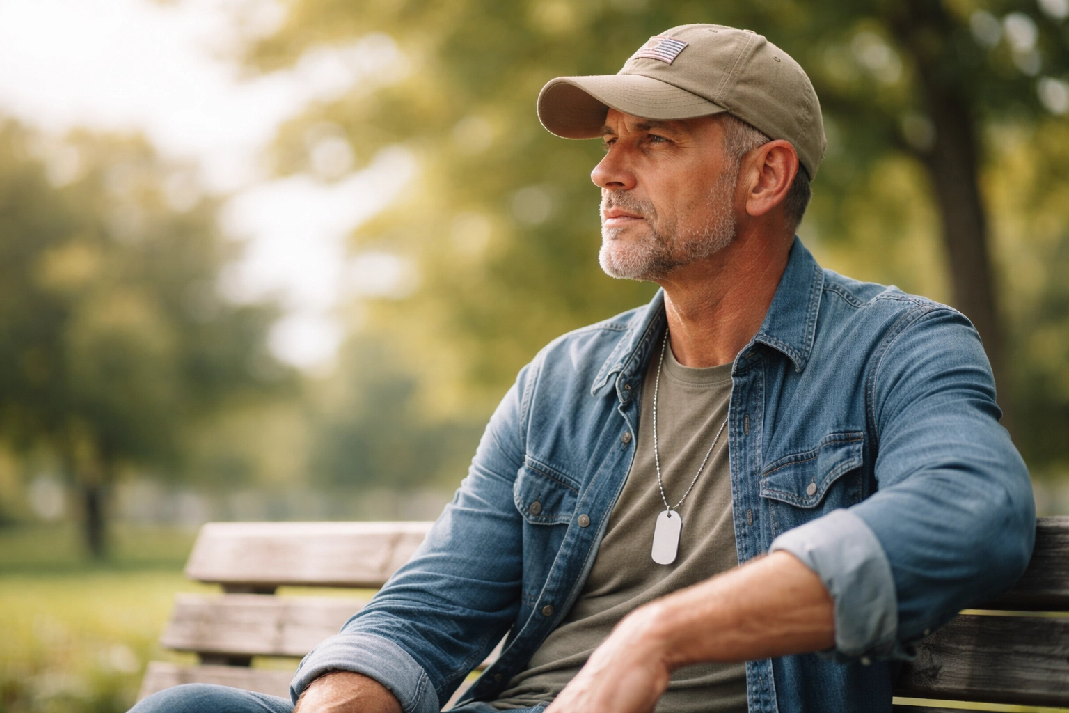 Middle-aged veteran sits alone on a park bench, reflecting on mental health challenges after military service.