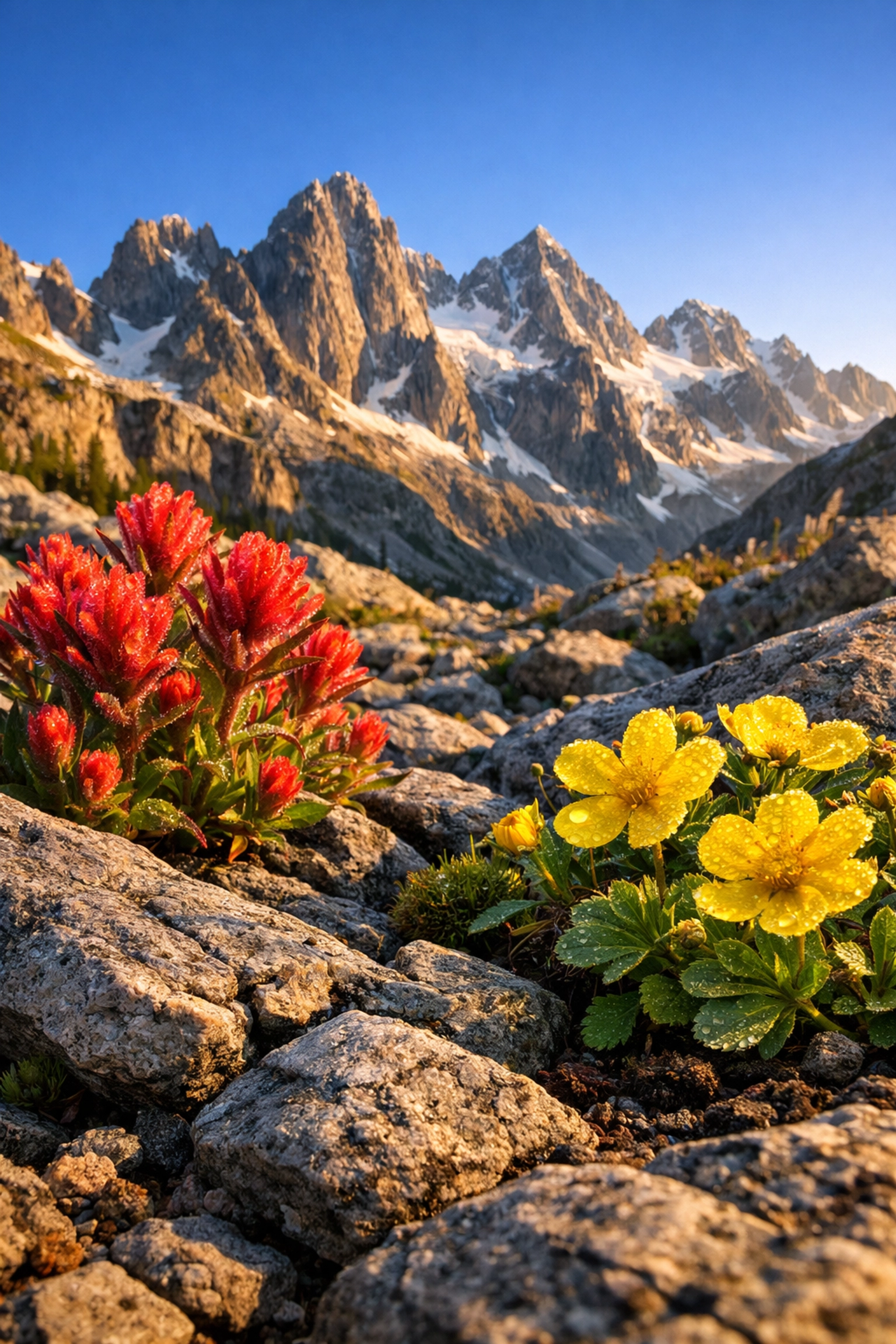 Low-angle wildflowers and rocks creating depth in a mountain-focused landscape photography shot.