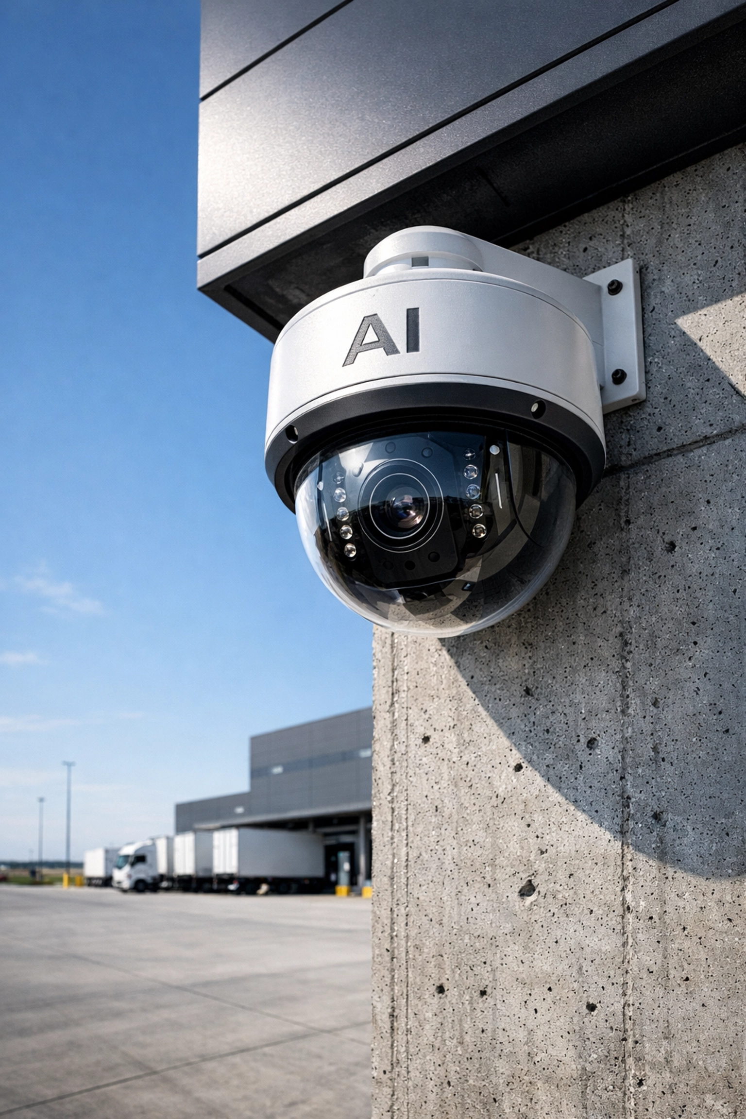 Modern AI CCTV dome camera mounted on an industrial building providing 24/7 surveillance of a logistics yard.