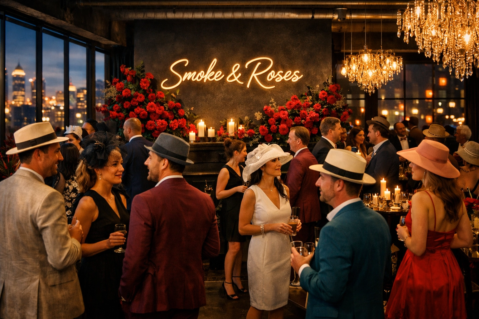 Sophisticated guests in Derby-luxe attire enjoying the upscale Smoke and Roses venue.