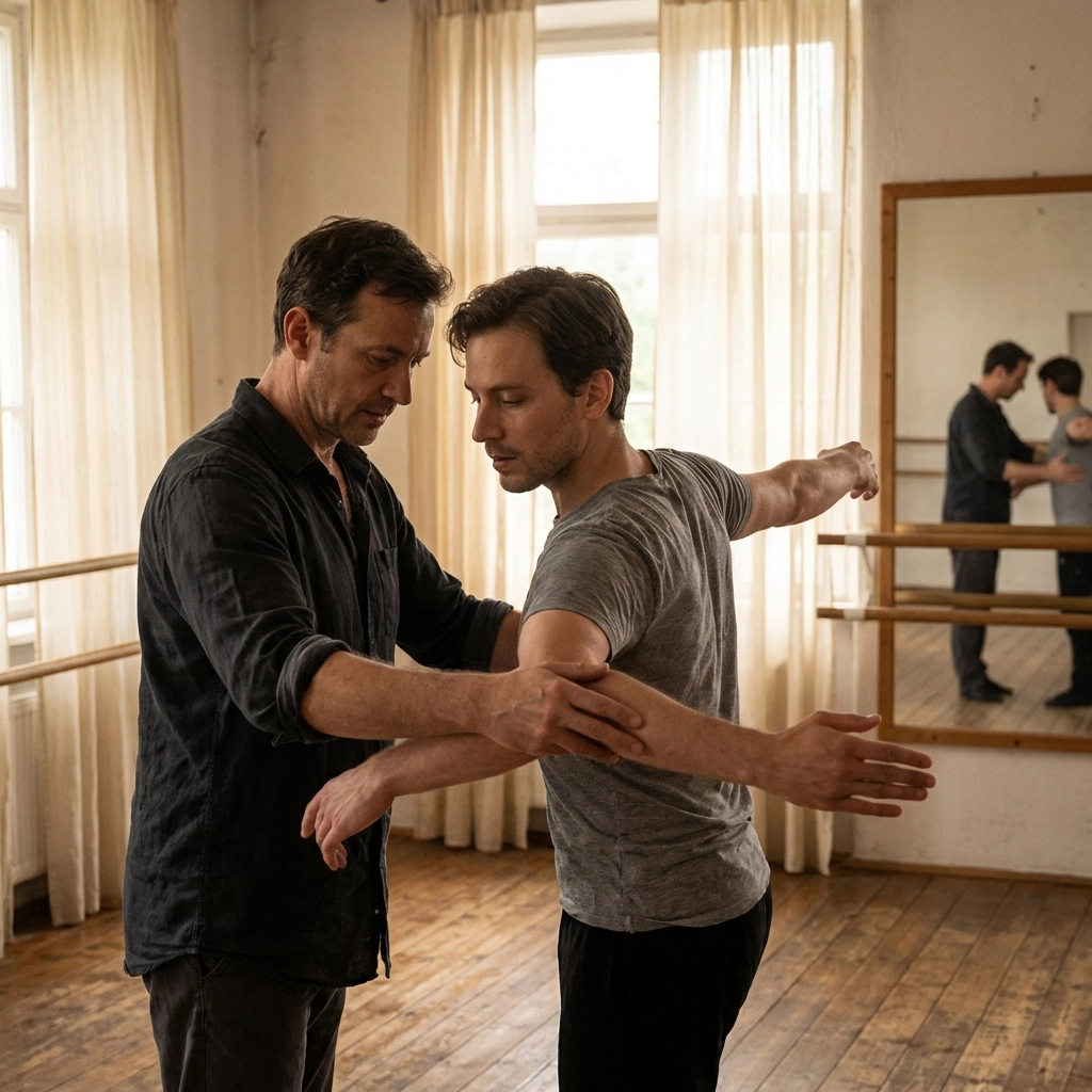 Gay dance instructor teaching male student in intimate studio setting - LGBTQ romance