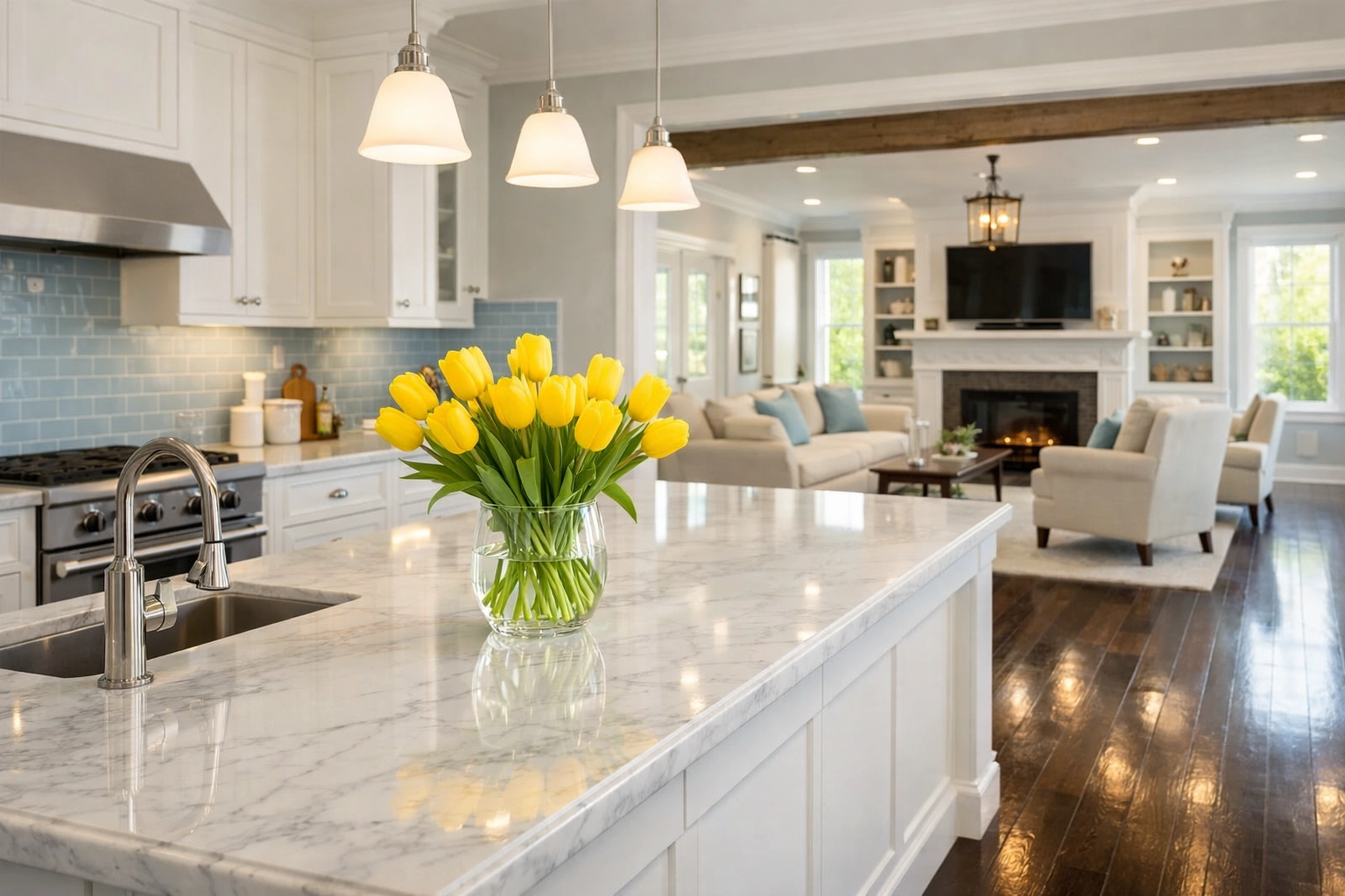 Clean Hopkinton kitchen with marble counters after a reliable weekly house cleaning service.