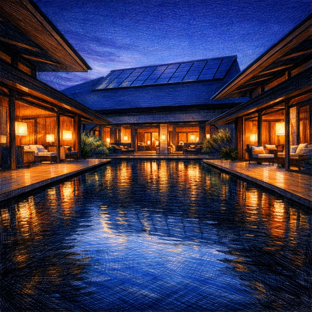 Serene sustainable hotel courtyard with a reflective pool and solar panels at twilight.