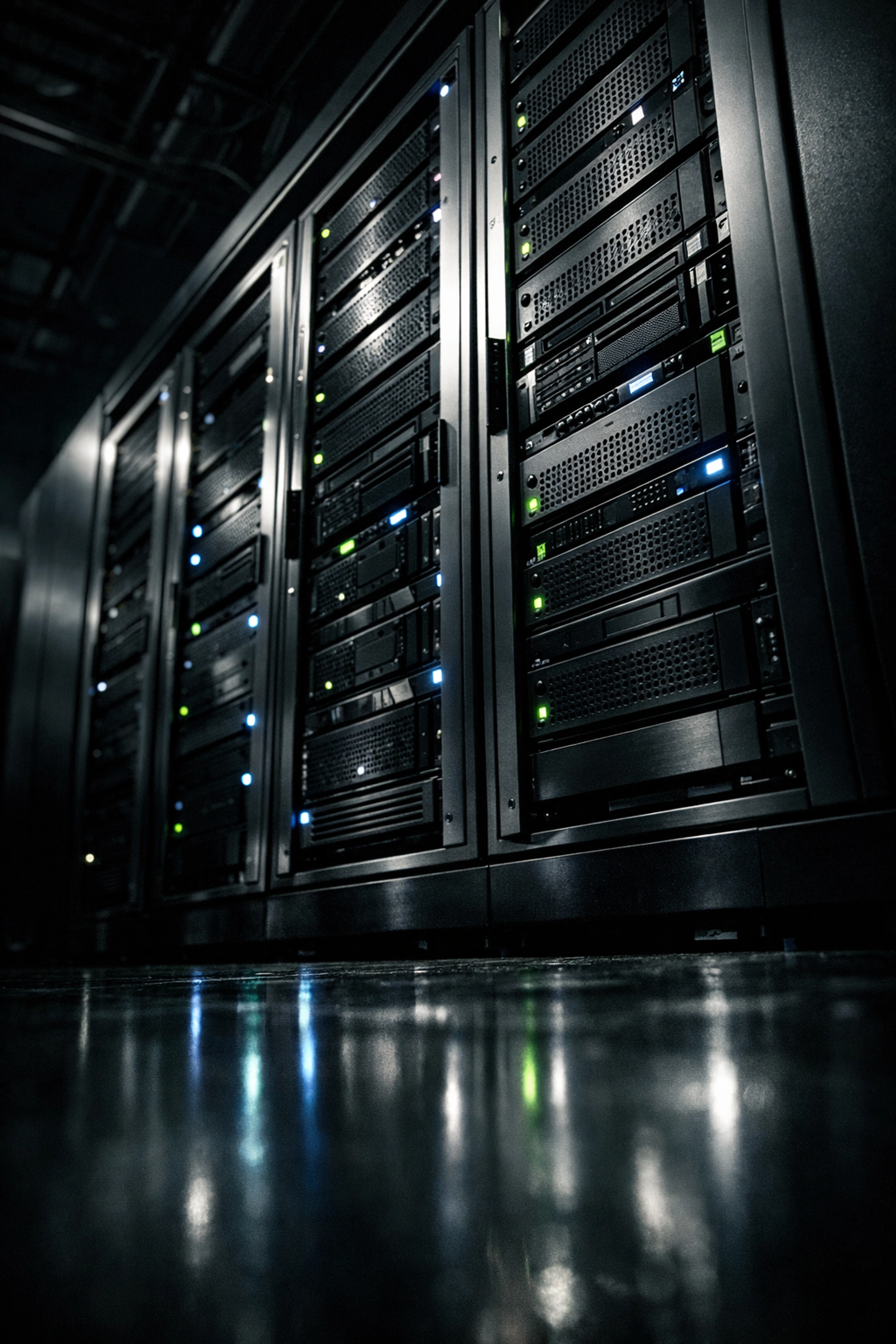 Secure server racks in a modern data center protecting sensitive company and customer information.