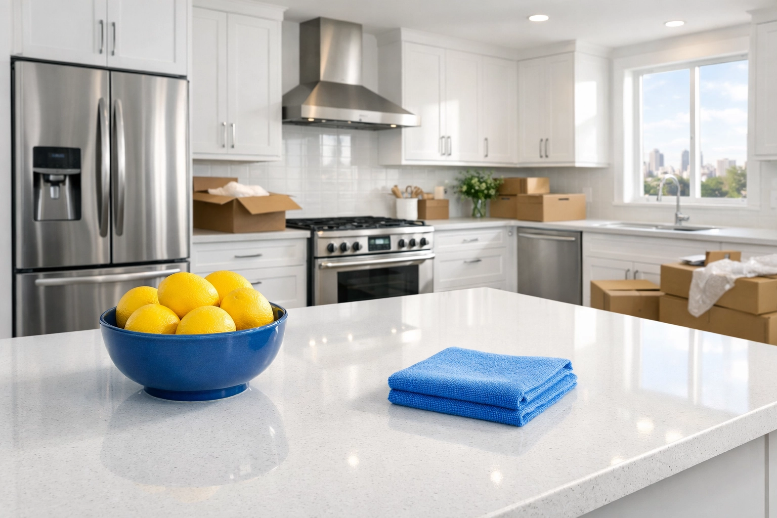 Spotless modern kitchen with white quartz countertops after a professional move-in cleaning service Boston.