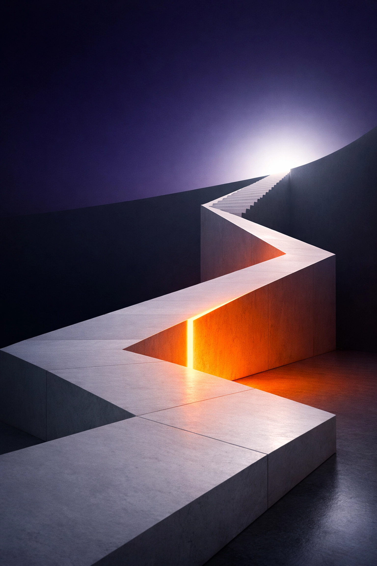 A white stone path pivoting upward toward light, symbolizing a strategic startup pivot and media strategy growth.