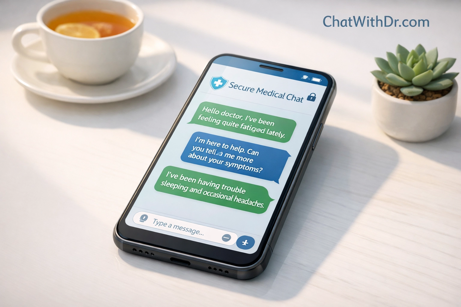 Smartphone displaying secure medical chat interface for online treatment consultations