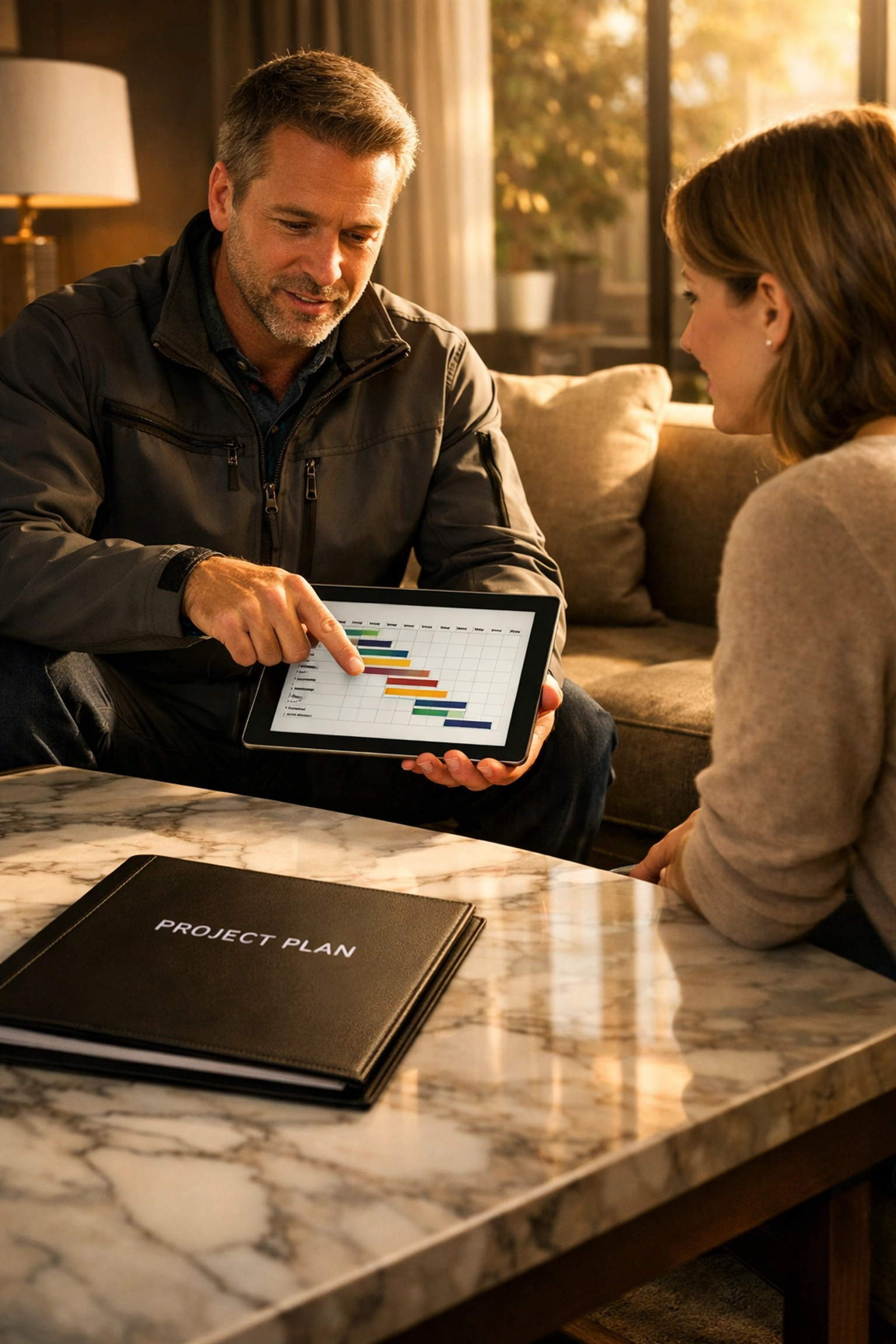 A professional builder in Bognor Regis explaining project timelines to a homeowner.