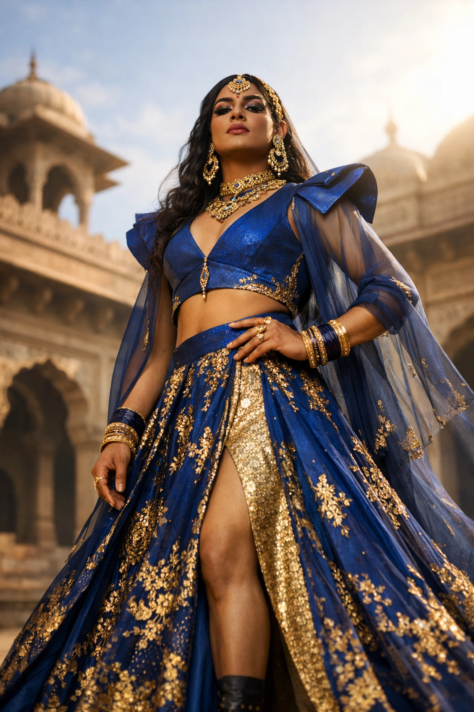 A regal Hijra individual in modern-traditional attire in a Mughal courtyard, symbolizing queer resilience and royal history.