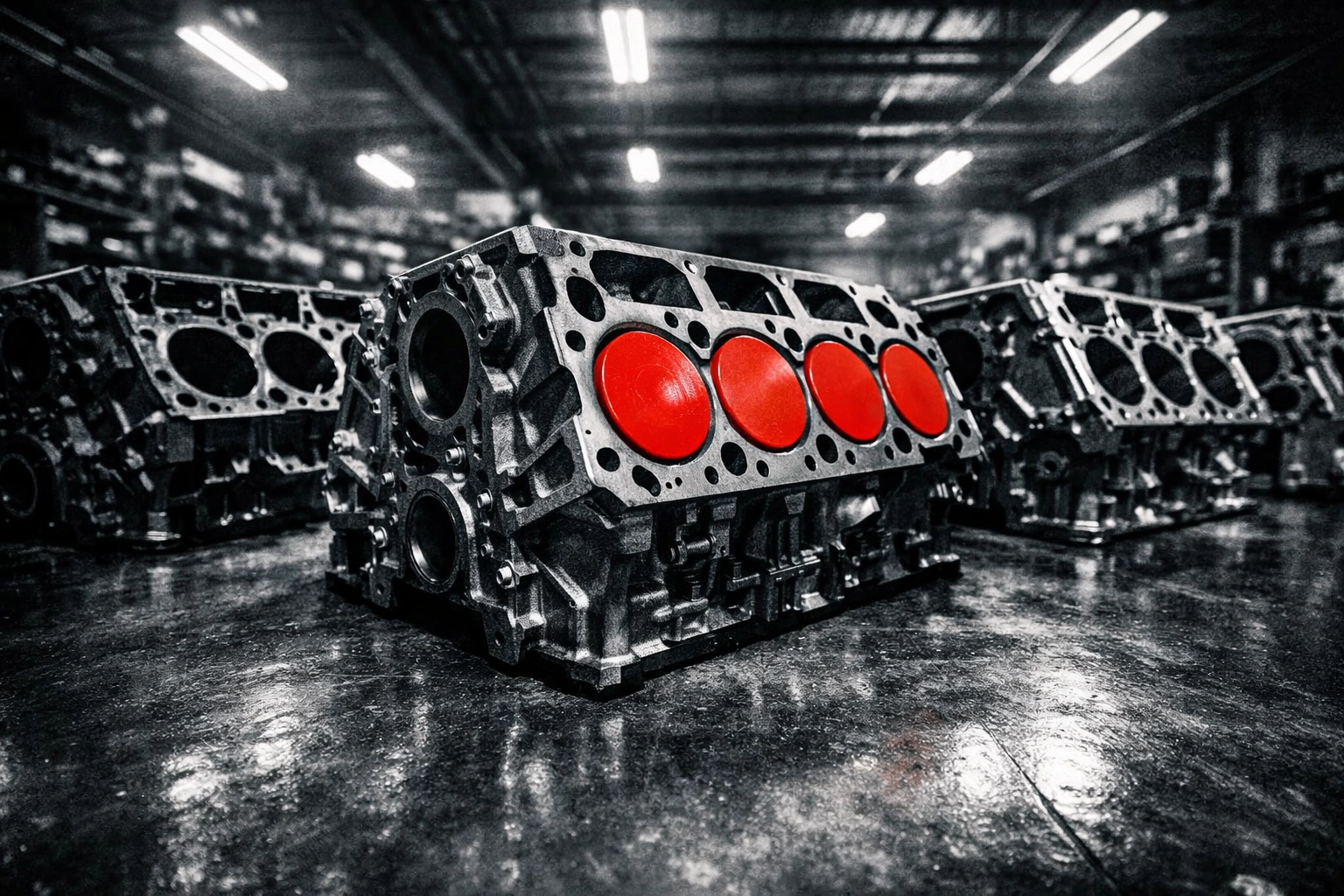 A row of high-performance engine blocks at an LS swap shop ready for a custom engine build project.