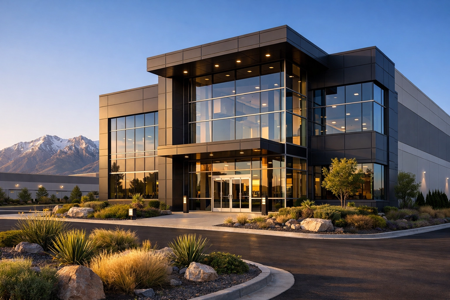 Exterior of a Class A industrial distribution center in Salt Lake City near the Wasatch Mountains.