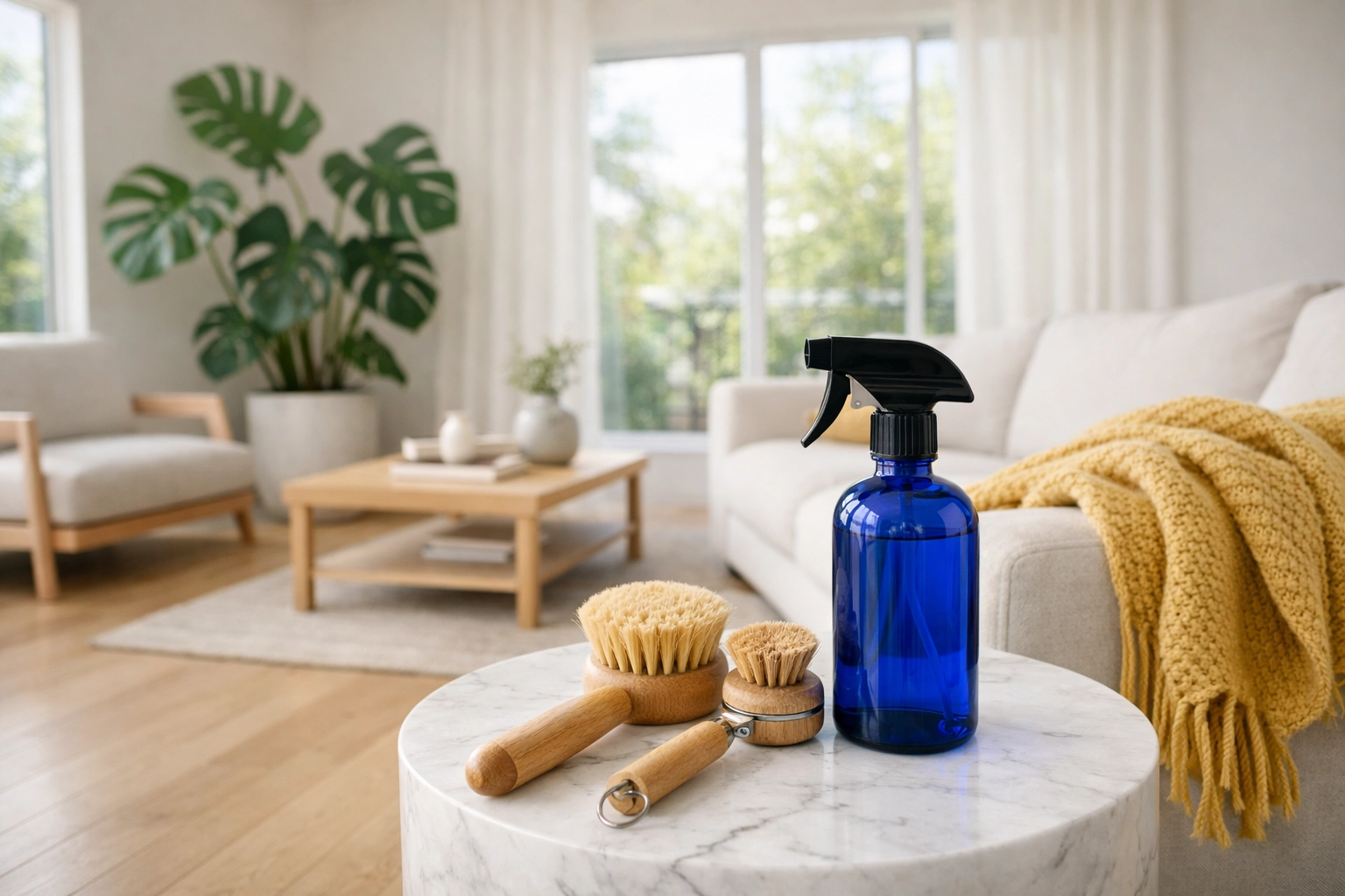 Eco-friendly house cleaning Leominster MA in a bright, modern living room with non-toxic supplies.