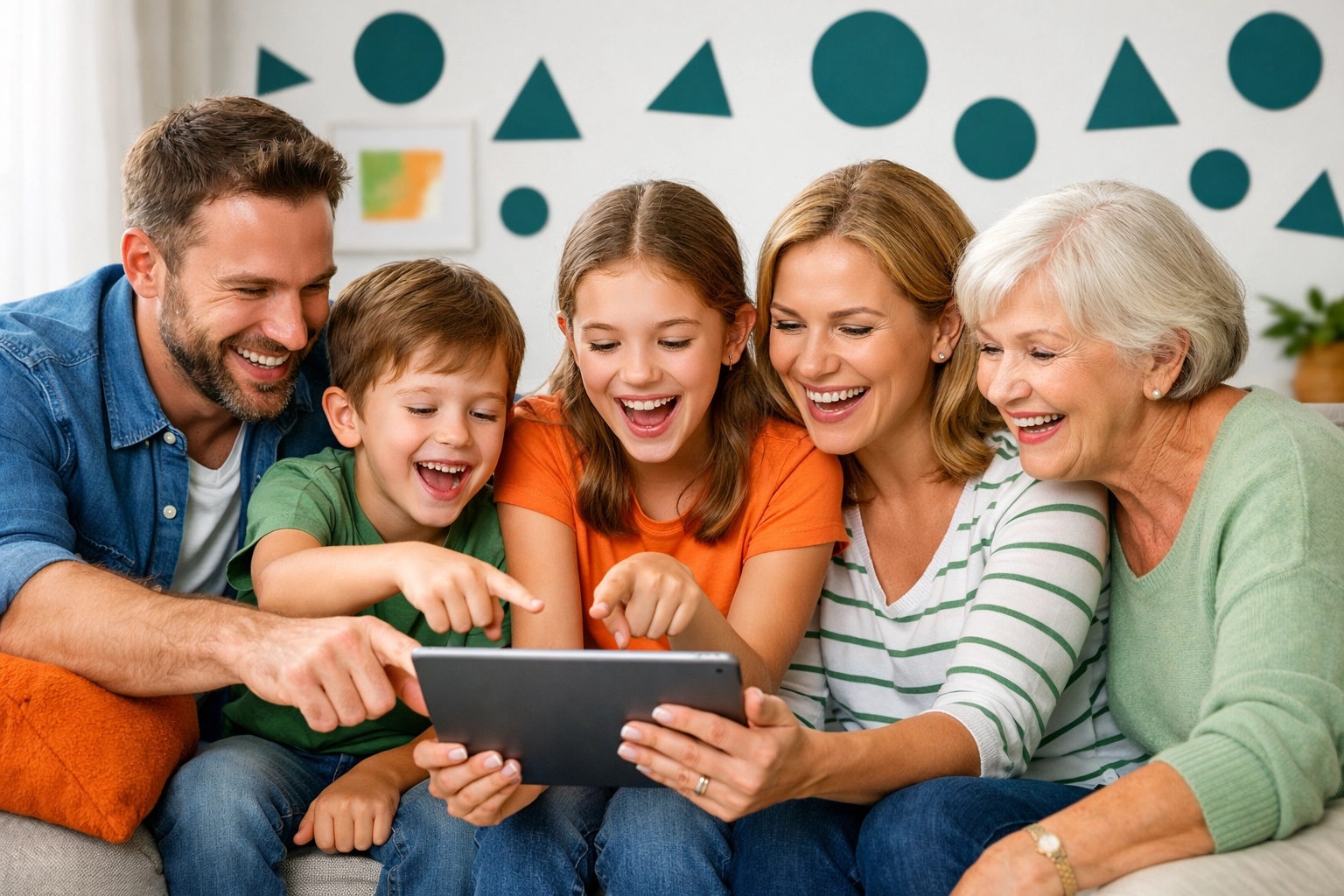 Family engaging with Complete Life Skills Platform together on tablet at home