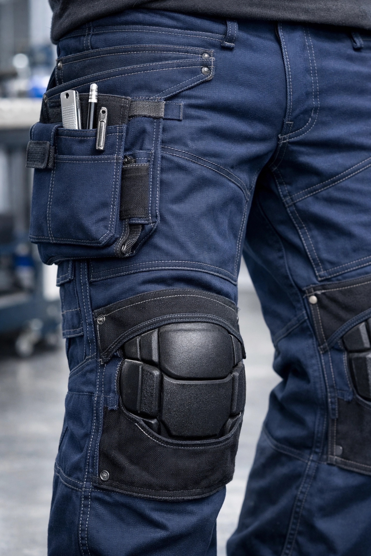 Detailed view of durable navy blue work trousers with reinforced stitching and tool pockets.
