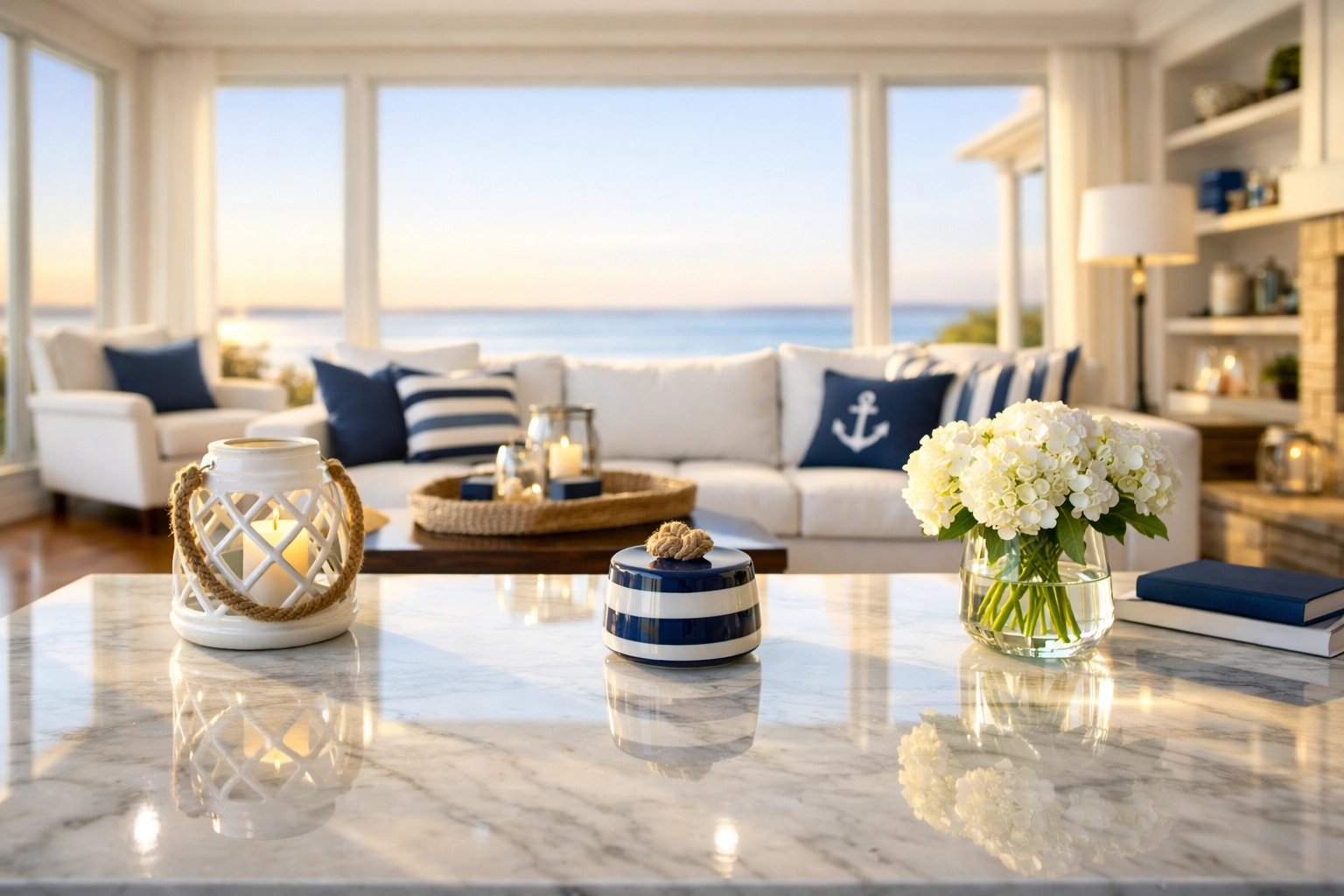 Pristine Duxbury living room with polished marble table and coastal views, maintained by luxury cleaning services.