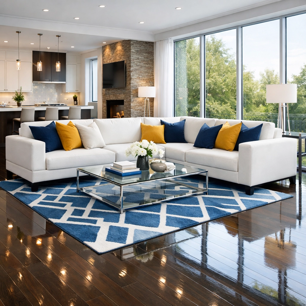 Spotless modern living room with polished floors showing the results of an elite weekly cleaning routine.