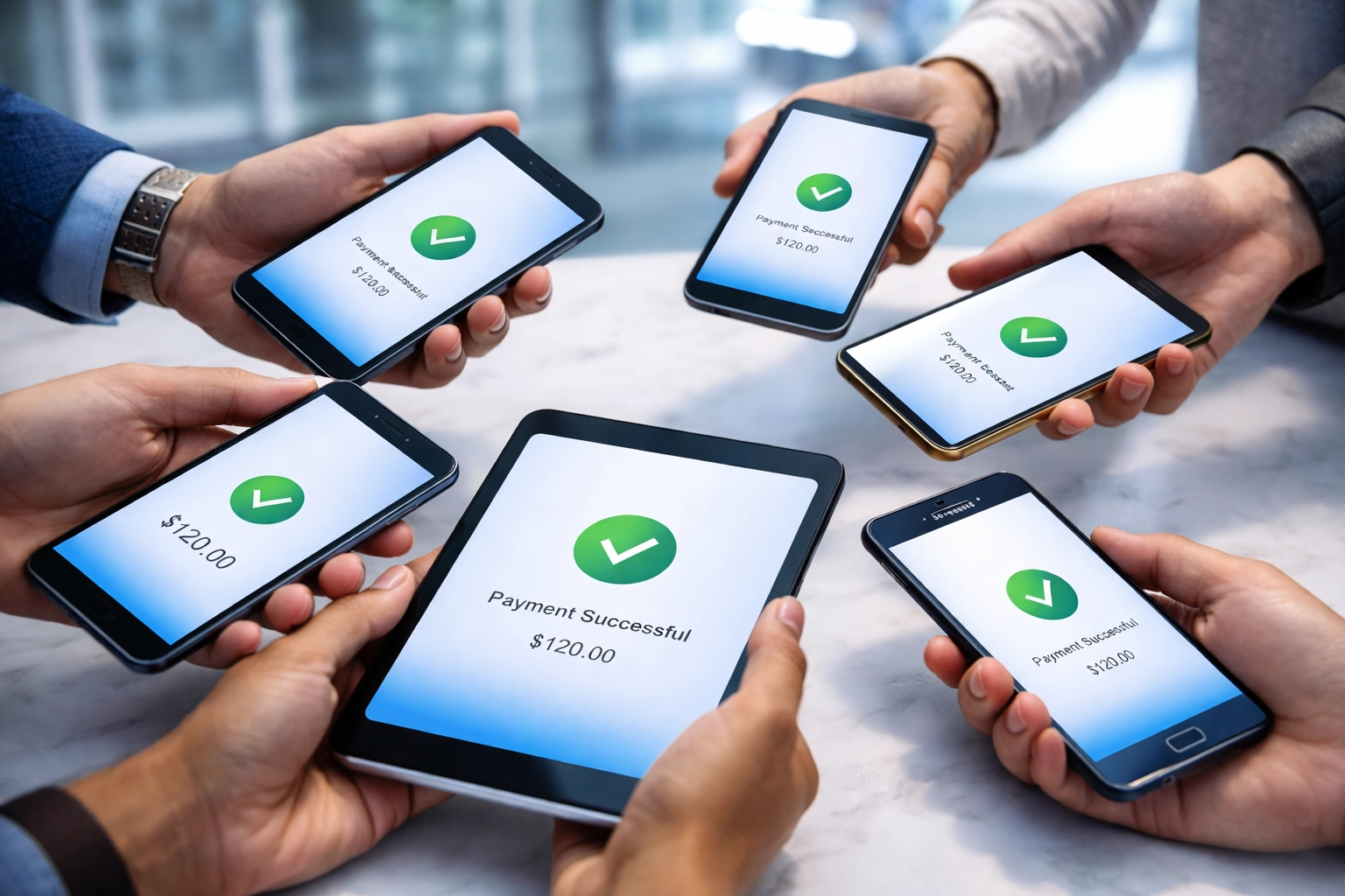 Diverse hands hold devices showing payment confirmations, highlighting digital payment processing in debt collection