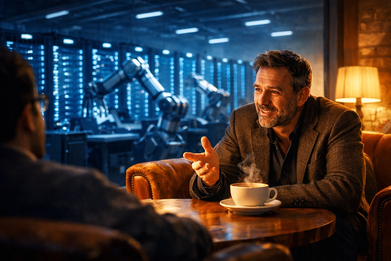 Human professional engaging in a high-value business talk, contrasting with automated background servers.