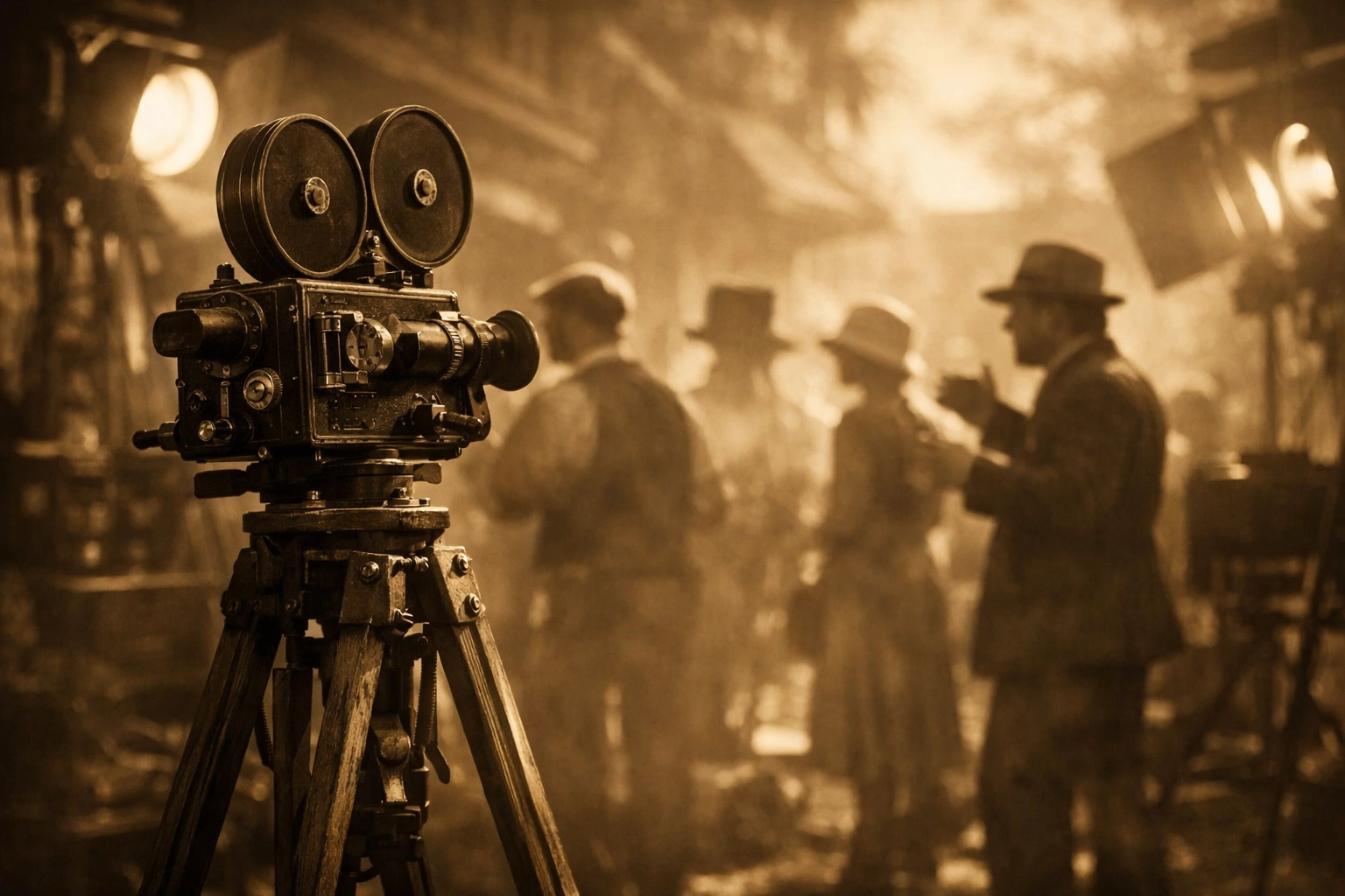 Early Hollywood independent filmmakers with vintage camera equipment on set