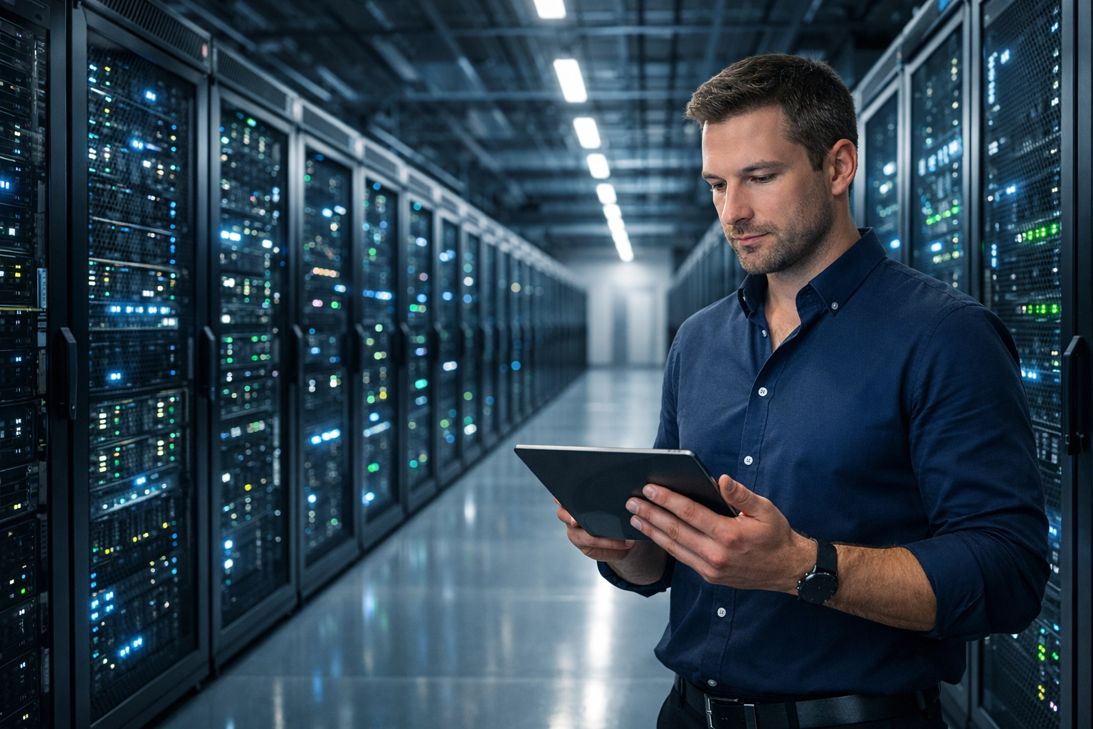 IT engineer monitoring enterprise IT hardware and refurbished servers in a modern data centre facility.