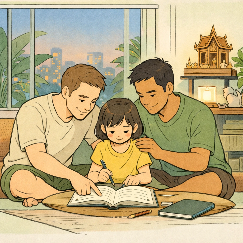 Two fathers helping daughter with homework in Bangkok home, gay parenting daily life