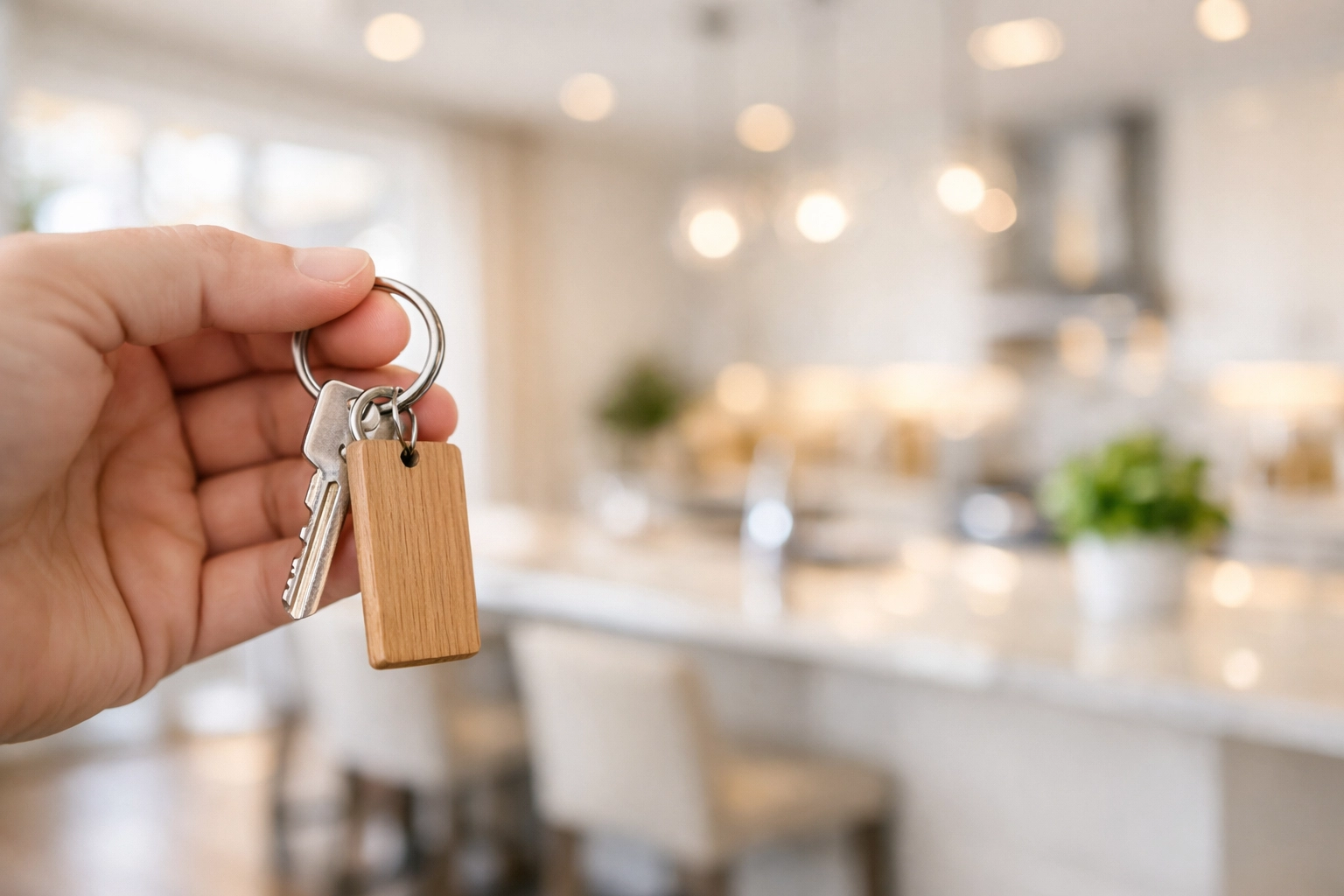 Hand holding keys in front of a sparkling clean kitchen after a professional builders clean in Norwich.