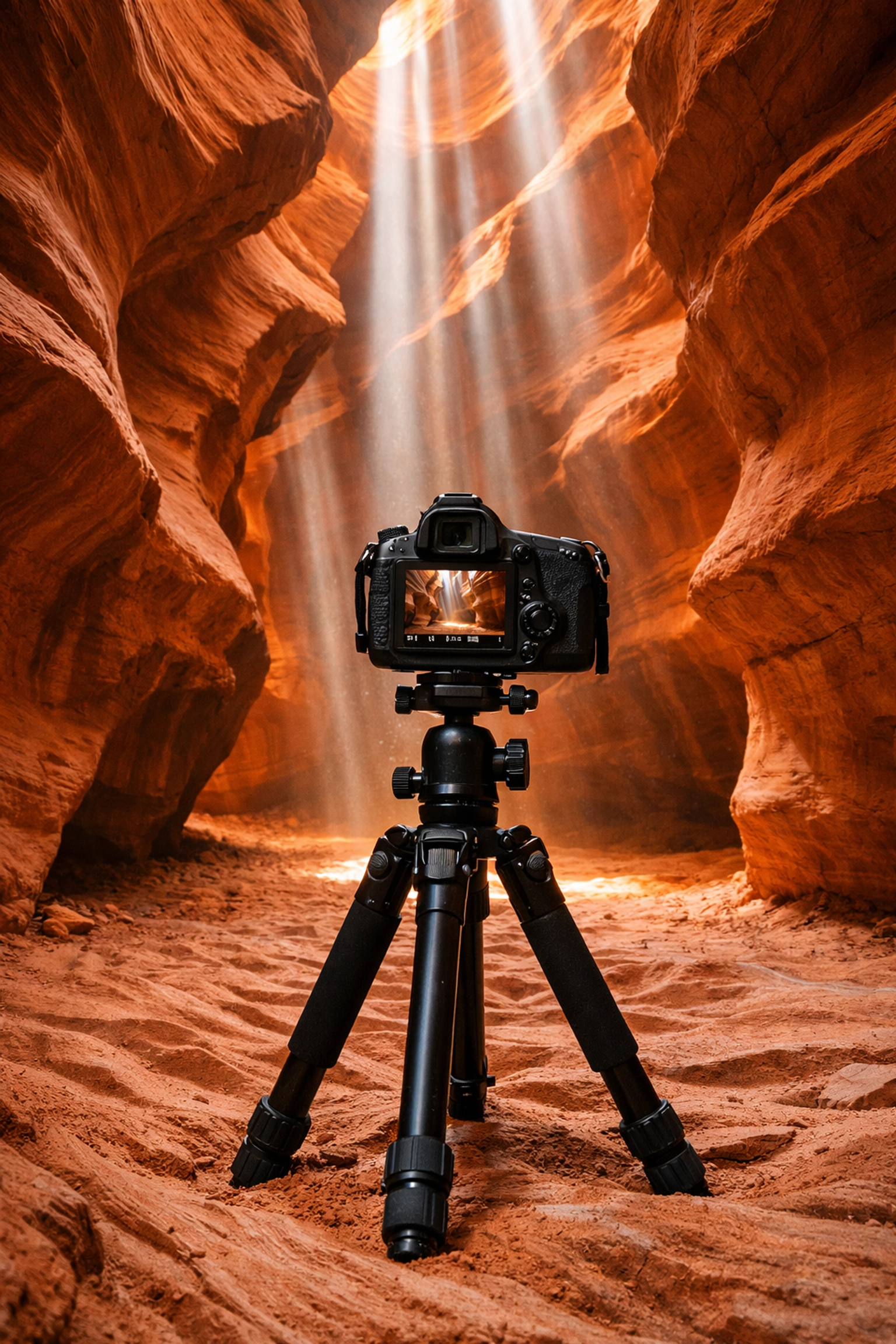 Sharp focus long exposure photo taken with a camera on a tripod in a colorful slot canyon.