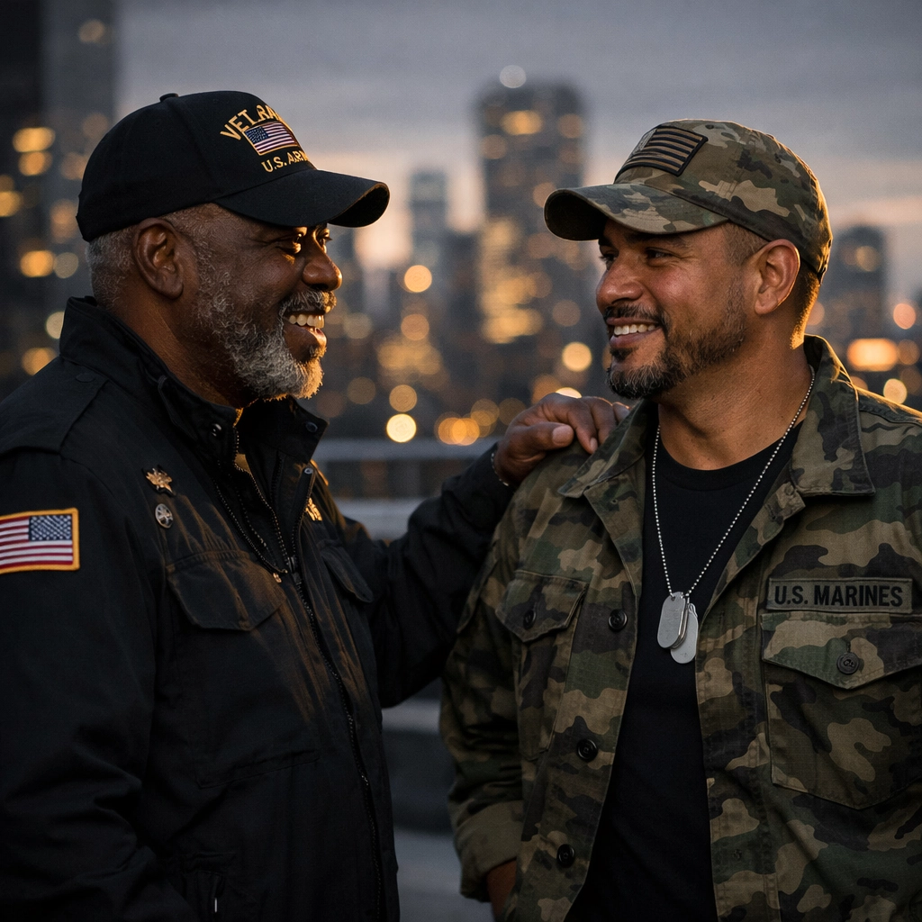 Two veterans of color engaging in community support and conversation about healing moral injury.