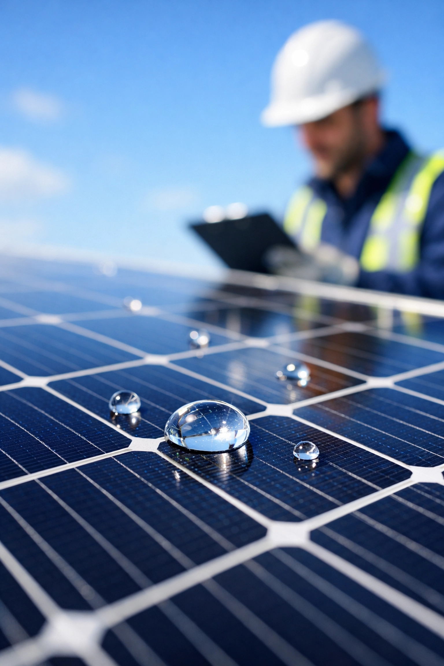 Close-up of a high-efficiency solar panel during a professional maintenance check for peak performance.