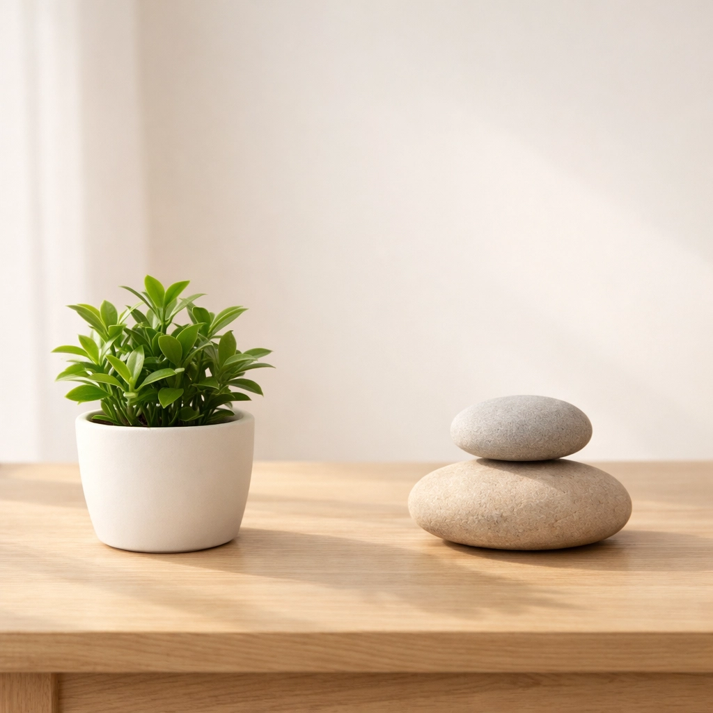 Minimalist plant and stones symbolizing emotional grounding and co-regulation tools learned in parenting therapy.