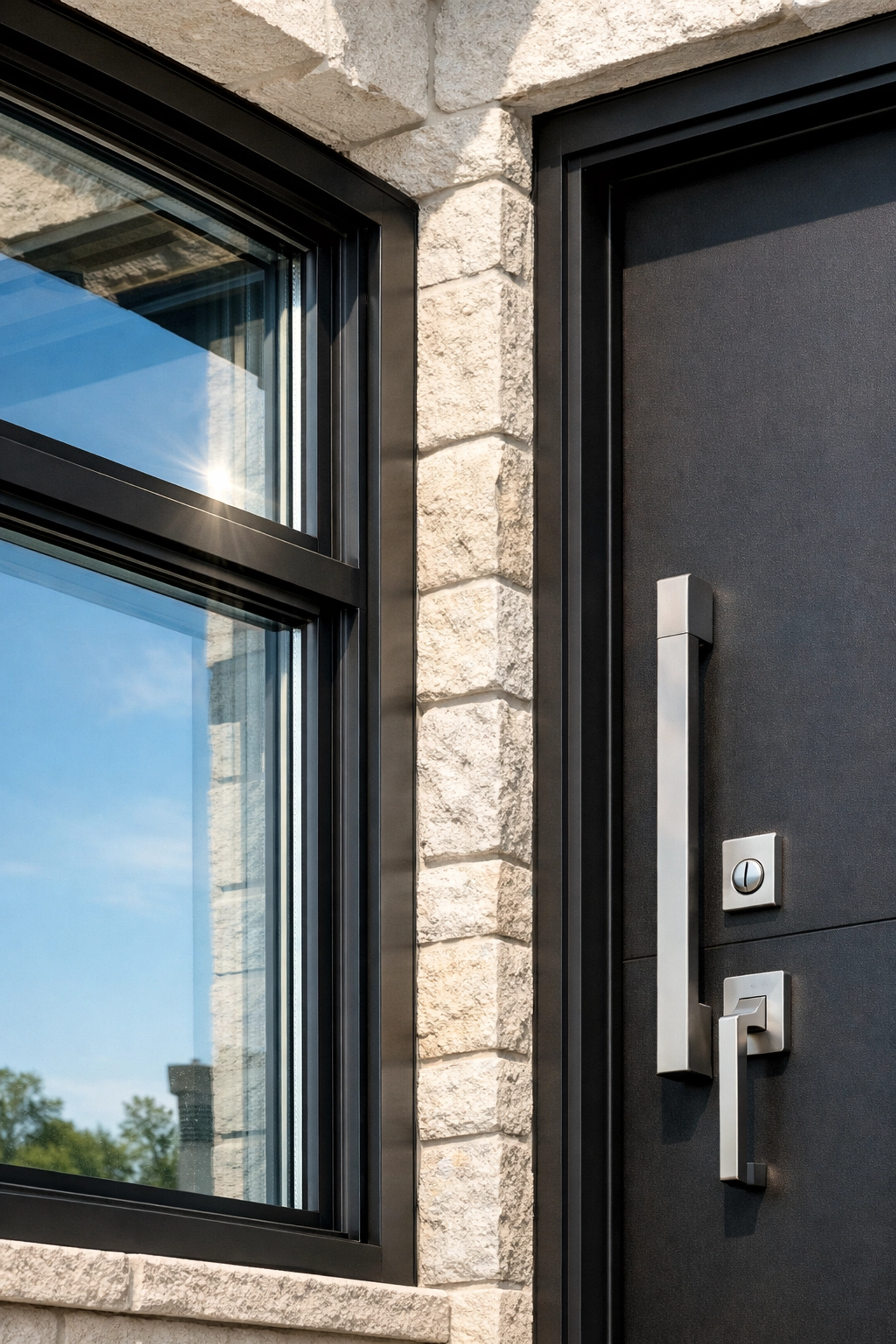 High-impact windows and a heavy-duty front door installed in a new custom home for energy efficiency.