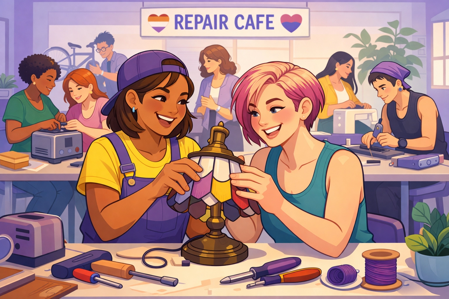 Diverse queer people fixing items at a community repair cafe, illustrating grassroots organizing.