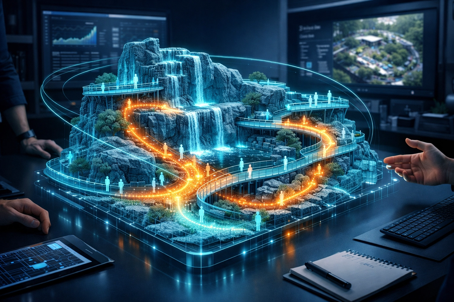 Holographic digital twin model used for strategic zoo exhibit planning and guest flow optimization.