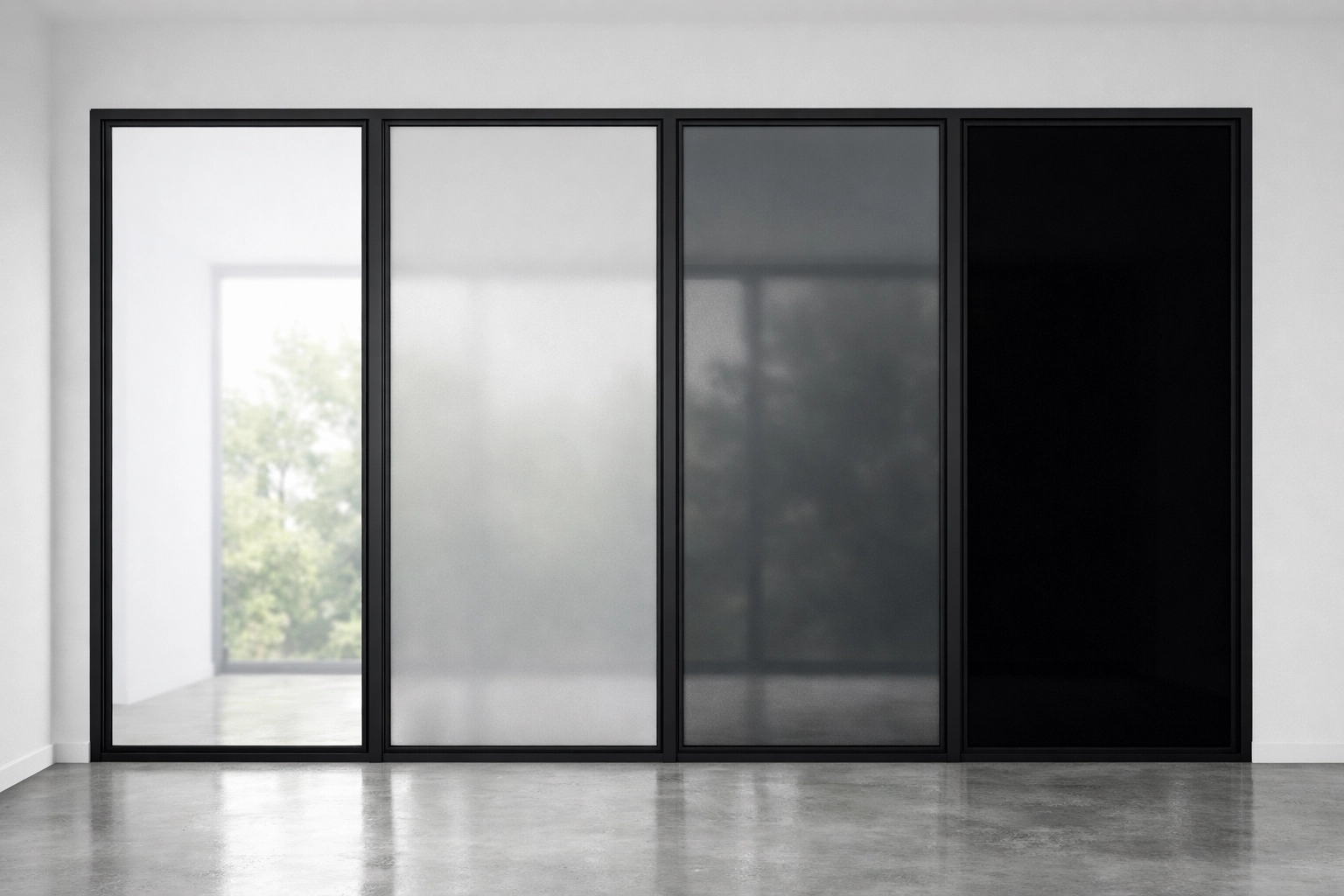 Four PDLC smart film panels showing clear, light grey, dark grey, and black tint options side by side