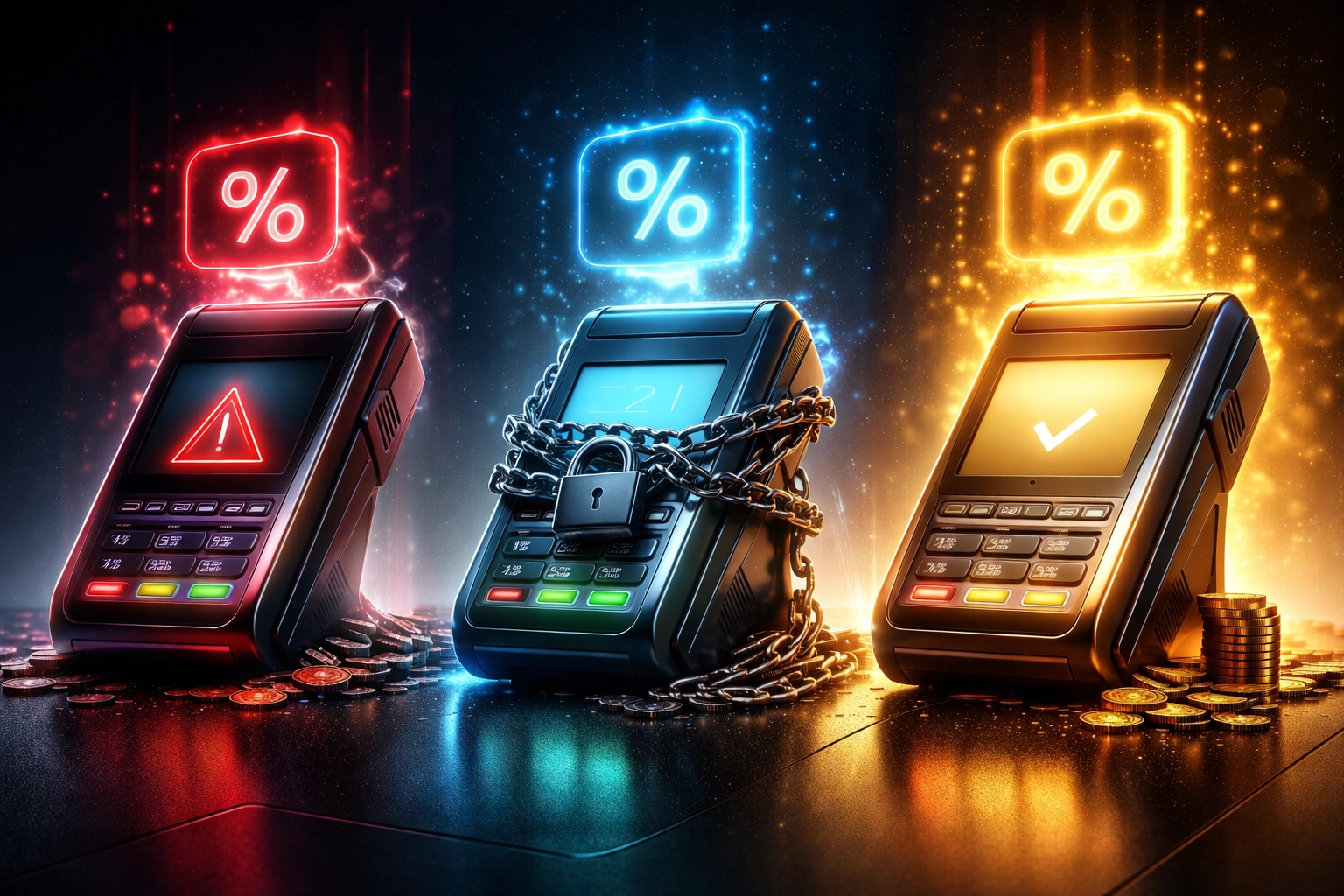 Comparison of three crypto POS terminals highlighting hidden fees, custodial risks, and Larecoin's open merchant freedom.