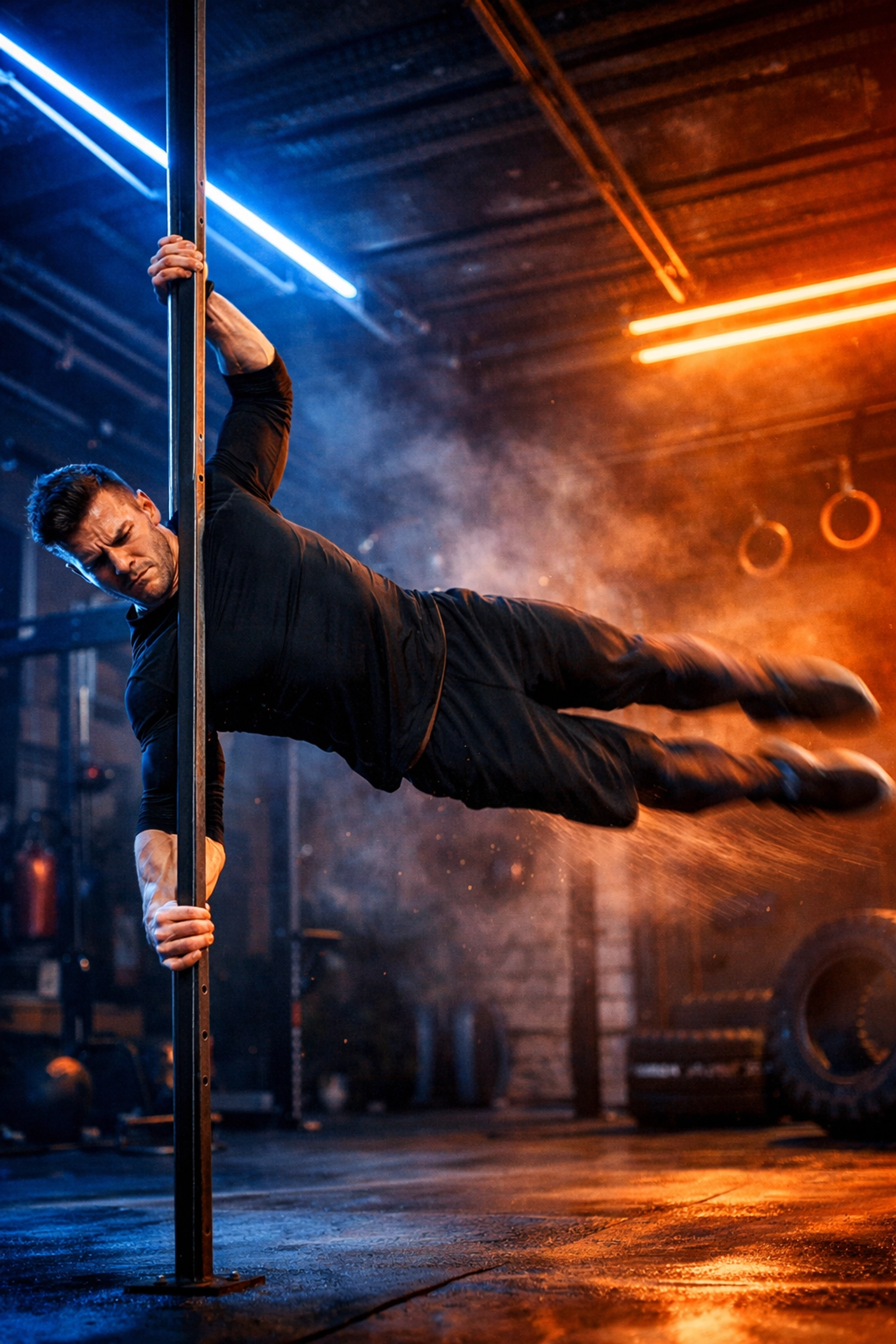Human flag on a vertical bar for core strength using professional calisthenics equipment for home training.