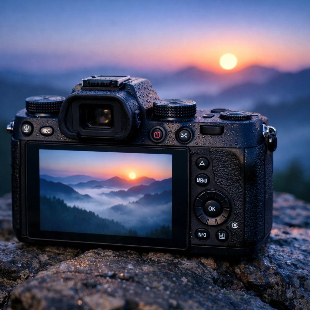 Professional mirrorless camera showing real-time exposure of a sunrise on its LCD screen.